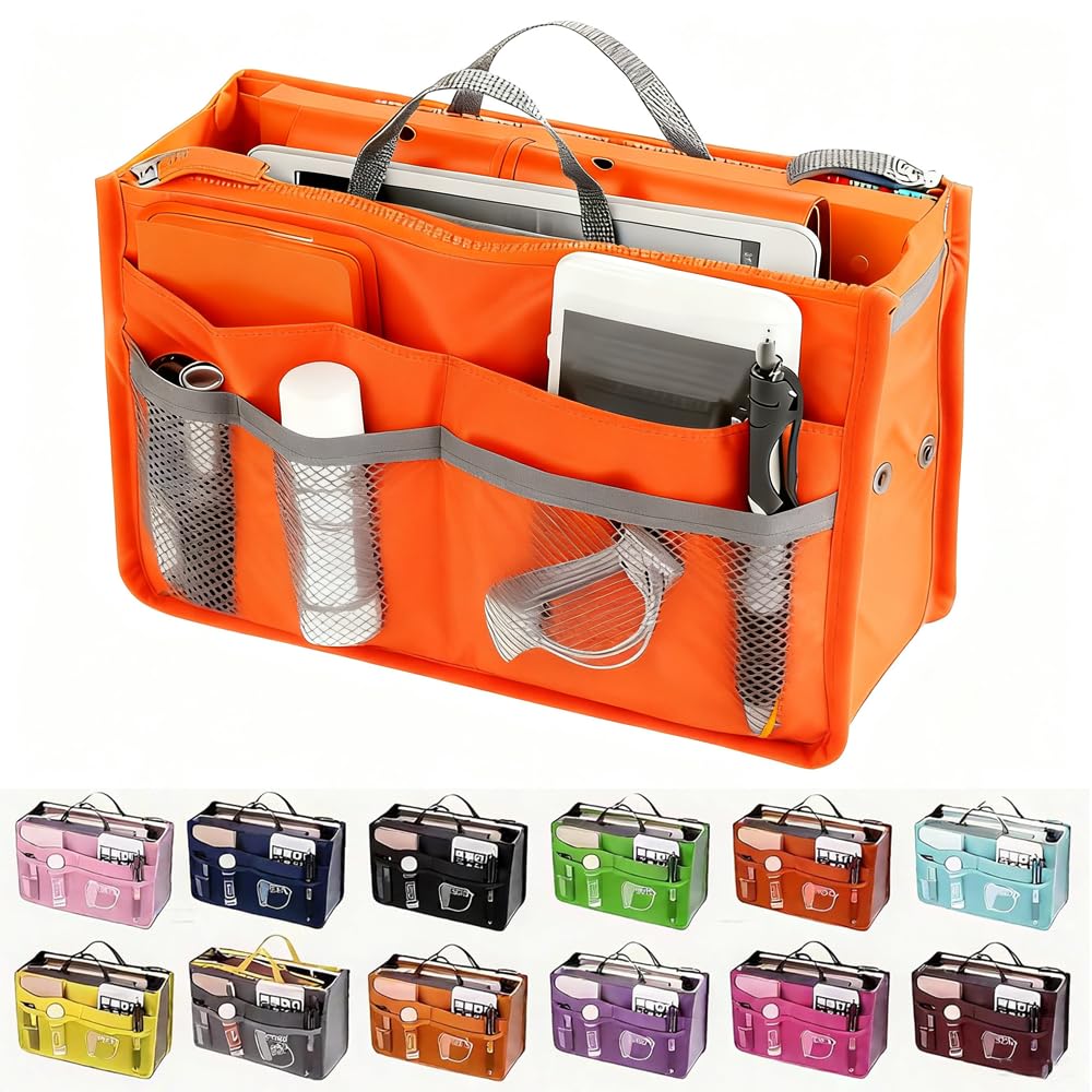 Purse Organizer Insert, Updated Purse Handbag, for Handbags Bag Organizers Inside Tote Pocketbook Women Nurse Nylon 13 Pockets Medium (Orange)
