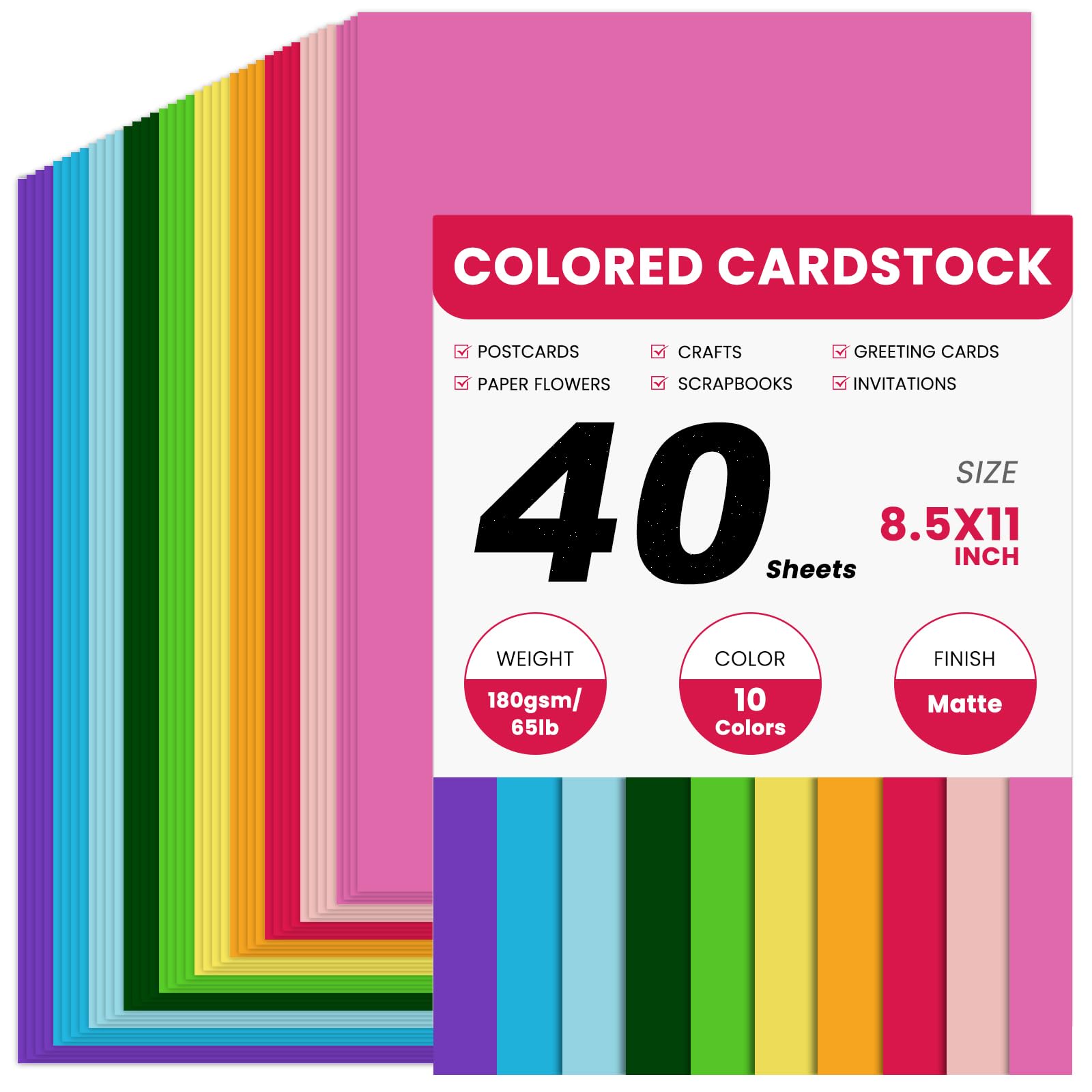 40 Sheets Colored CardStock, 180gsm/65lb 10 Colors Cardstock Print Paper 8.5 x 11 Inches, Double Sided Printed Card Stock Paper for Scrapbook School