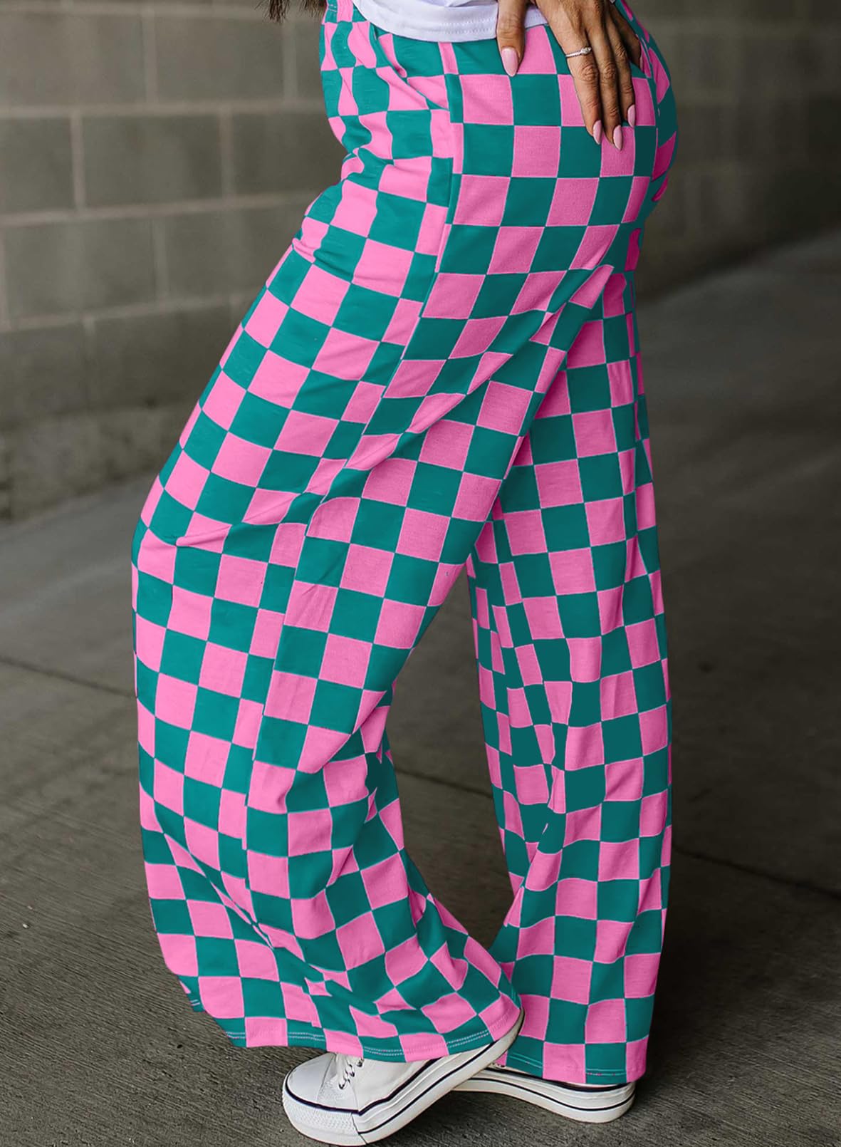 Acelitt Womens Casual Checkered Pants Elastic Waist Comfy Loose Wide Leg Pants with Pockets