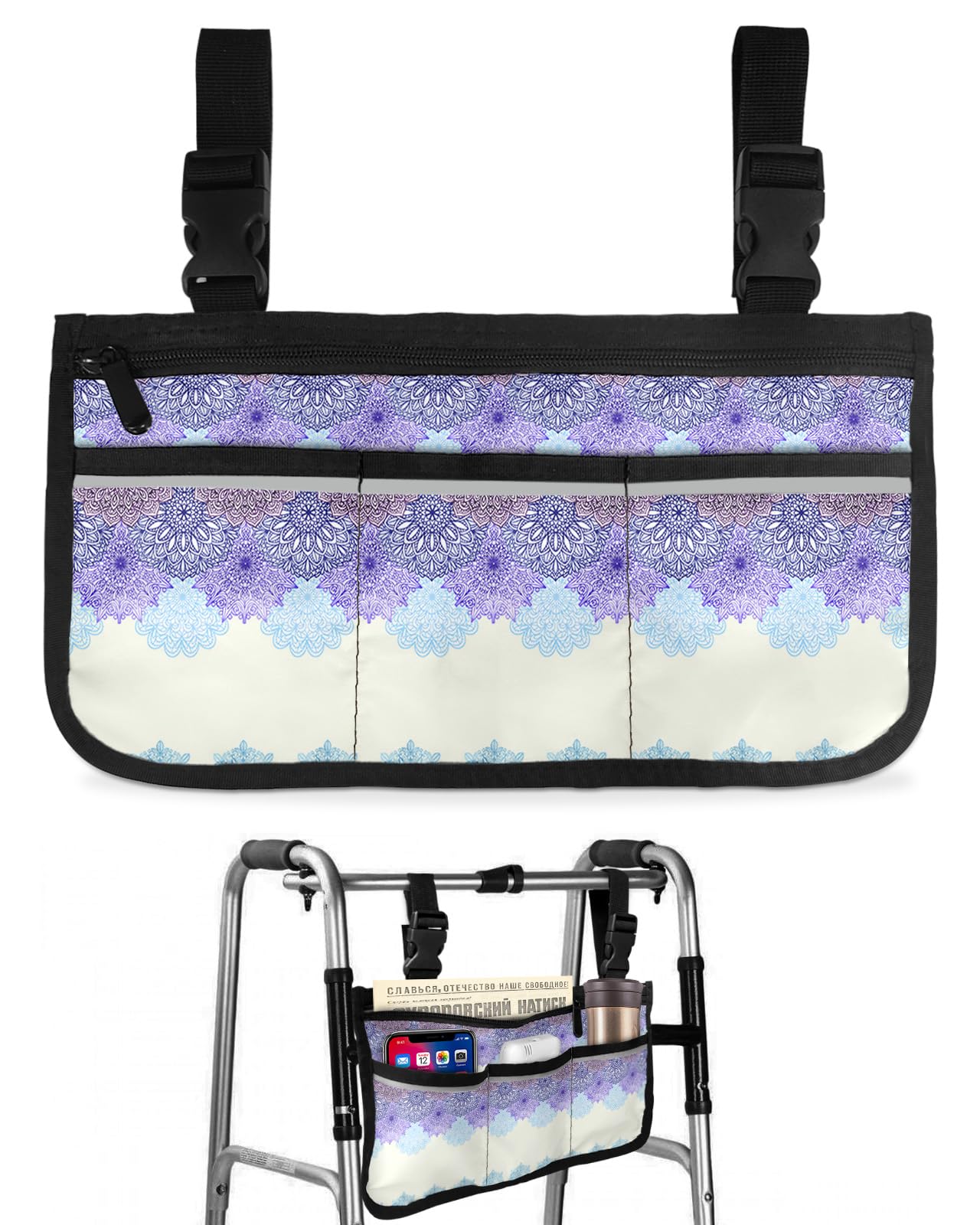 Boho Florals Wheelchair Side Bag Walker Bag, Purple Floral Ethnic Tribes Wheelchair Accessories Armrest Pouch, Organizer Storage Bag for Walkers, Rollators, Scooters, 7.3''x13''