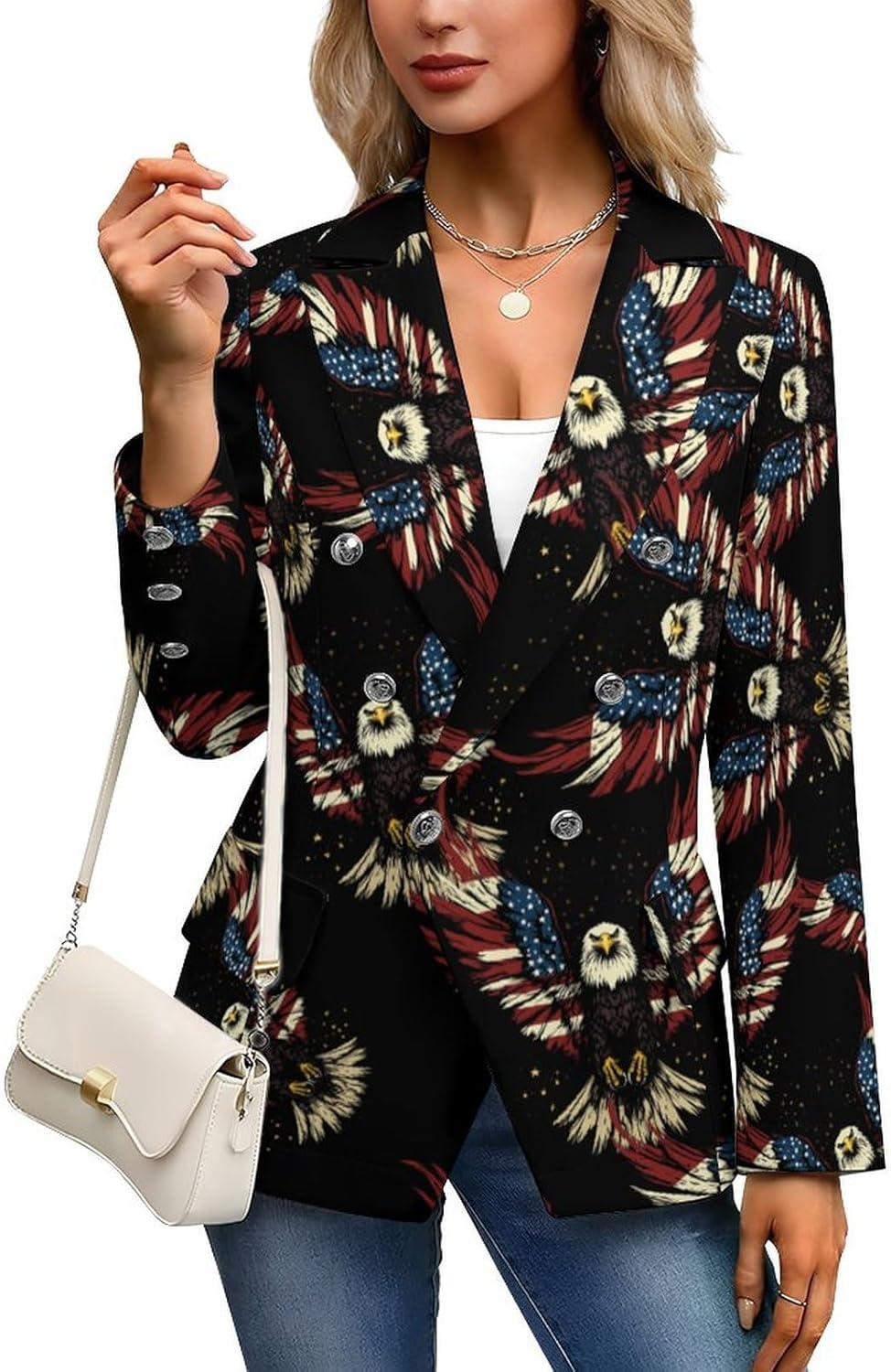 USA Flag E-agles Women's Blazer Long Sleeve Suits Business Casual Blazers Jackets Lapel Open Front Suit