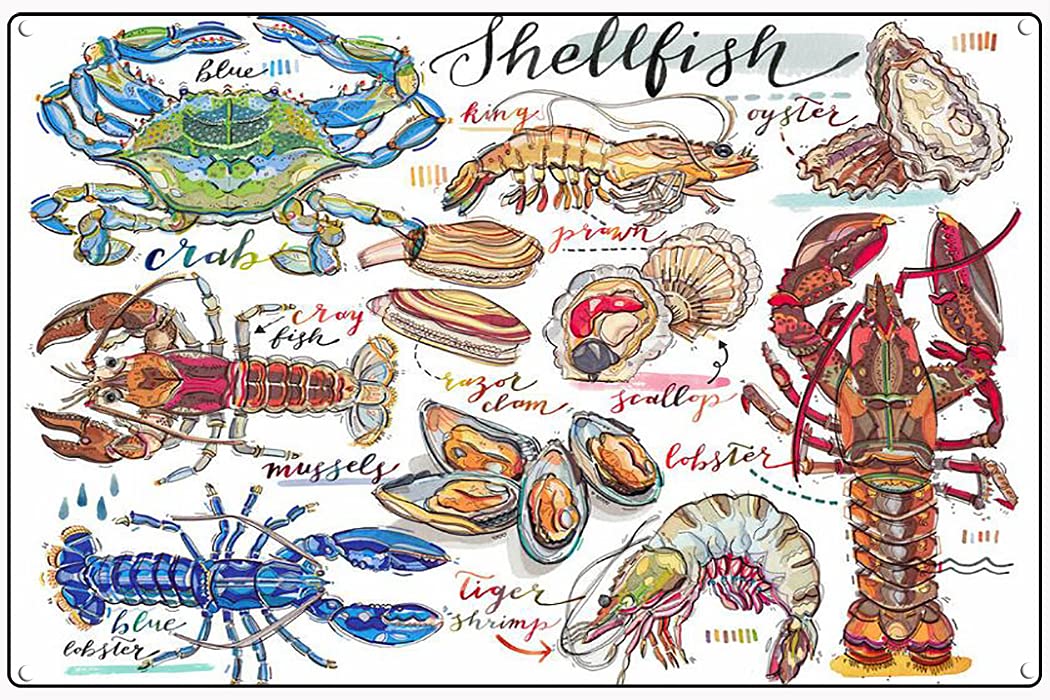 Graman Material_tin14 Metal Tin Retro Sign Shellfish. Seafood Print. Kitchen Decor. Fish Art. Food Art. Lobster. Crab. Oyster. Crustaceans.fish Shop. Types Of Shellfish.novelty Sign Wall Sign Plaque Poster 8X12inch