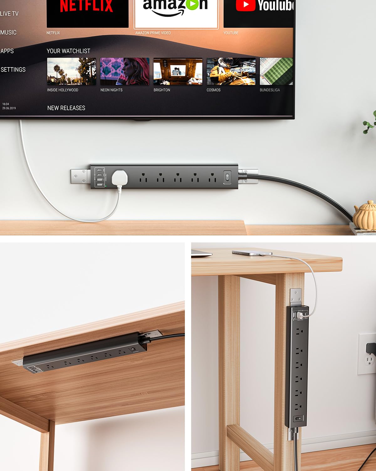 Tira de alimentación plana para debajo del computadora, cable de extensión de 6 pies, protector de sobretensiones para montaje en pared, 6 salidas de CA + 2 puertos USB A y 2 puertos de