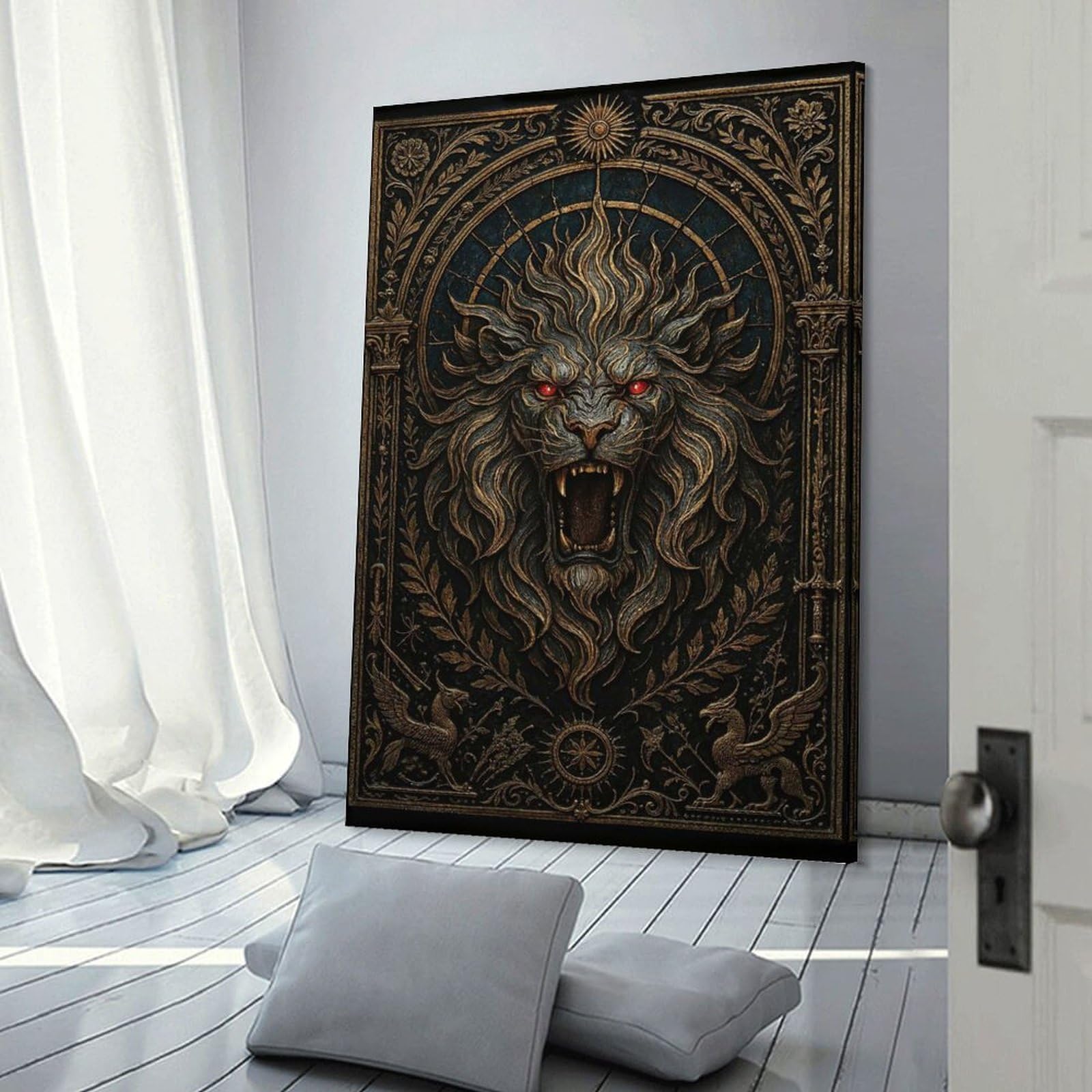 Junmoney Wall Decor Canvas Print Roaring Lion Head – Gothic Demon Beast, 24x36inch(60x90cm), for Front Hall, Corridor Or Welcome Spaces, A Neat Decor Update for Hallways