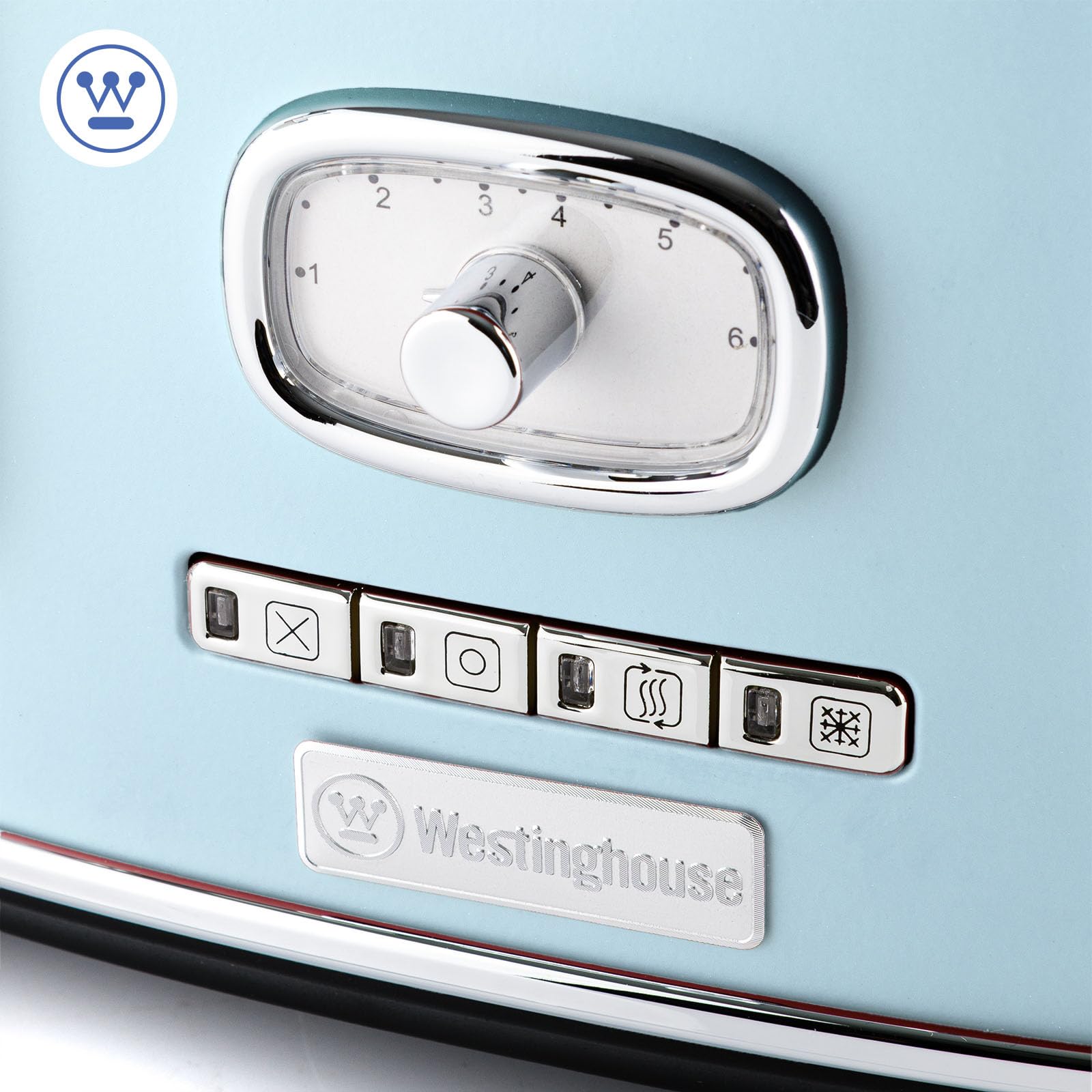 Westinghouse Toster w stylu retro, 4 kromki, bardzo szerokie szczeliny, stojak utrzymujący ciepło, 1750 W, niebieski