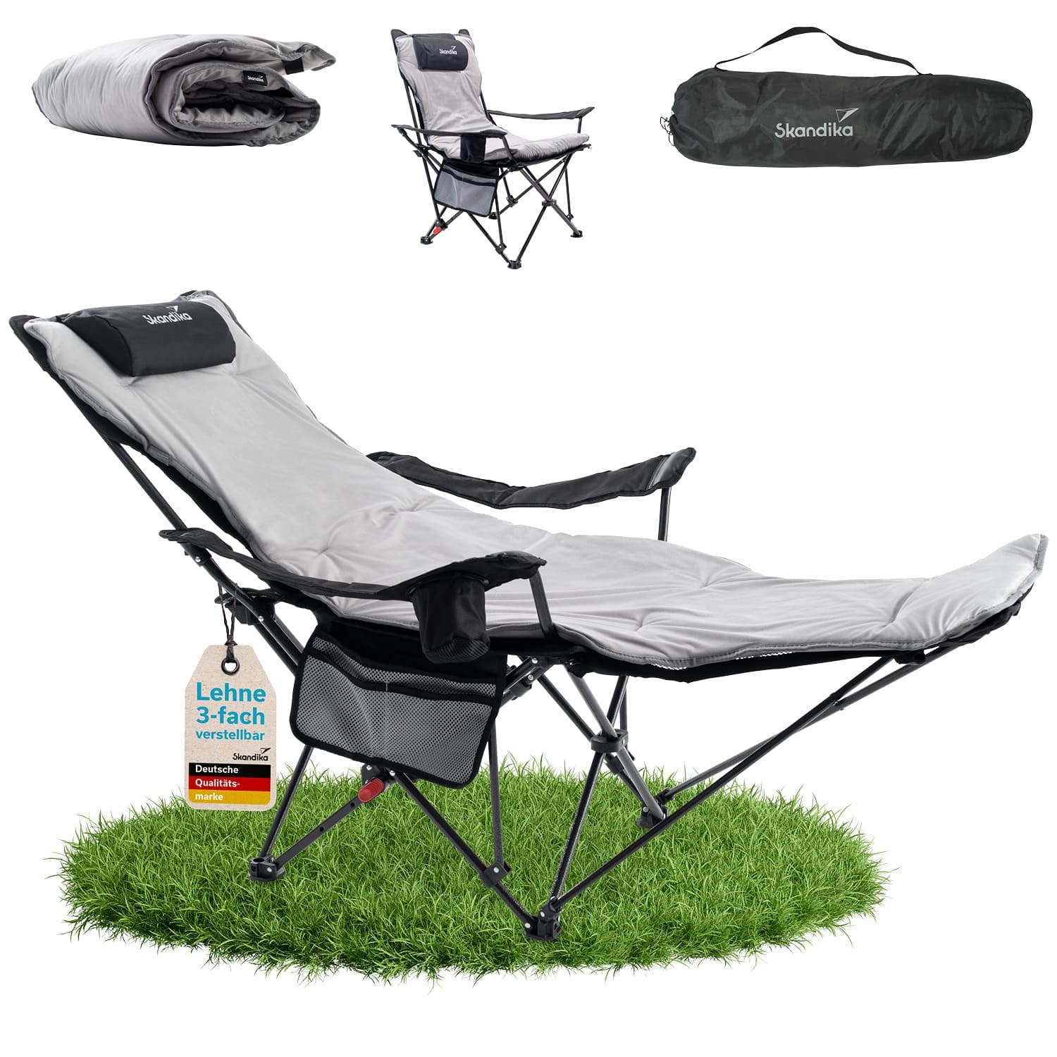 skandika Silla de Camping Toras con reposapiés, Plegable, función reclinable, tamaño Compacto,con Soporte para Bebidas (Negra/con Acolchado)