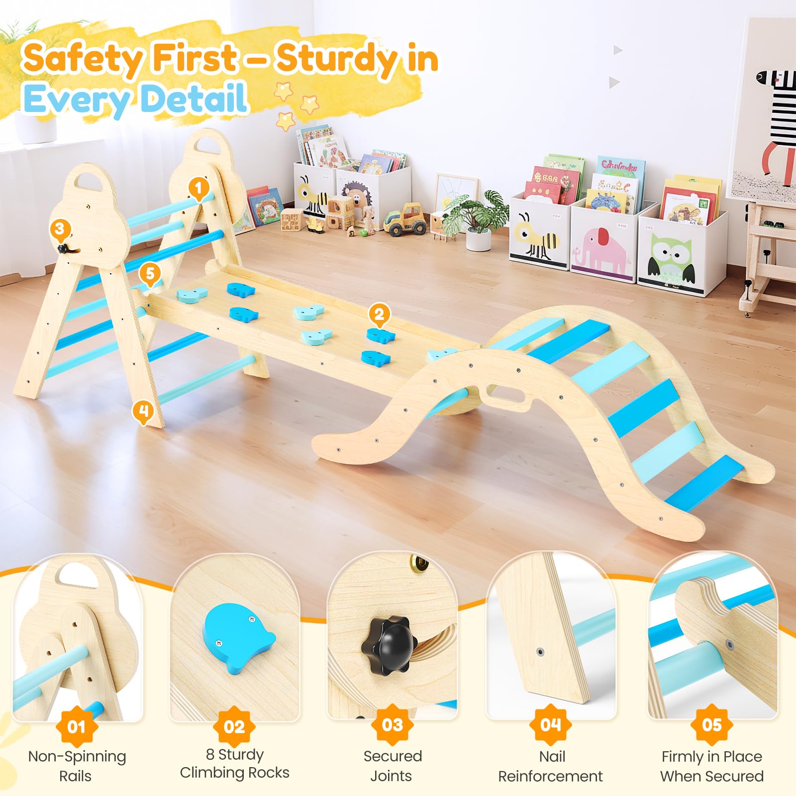 nmoiww Struttura da Arrampicata per Bambini 7 in 1, Scala da Arrampicata in Legno per Bambini con Cuscino Accogliente, Palestra da Gioco Montessori per Interni (Blu-7 in 1)