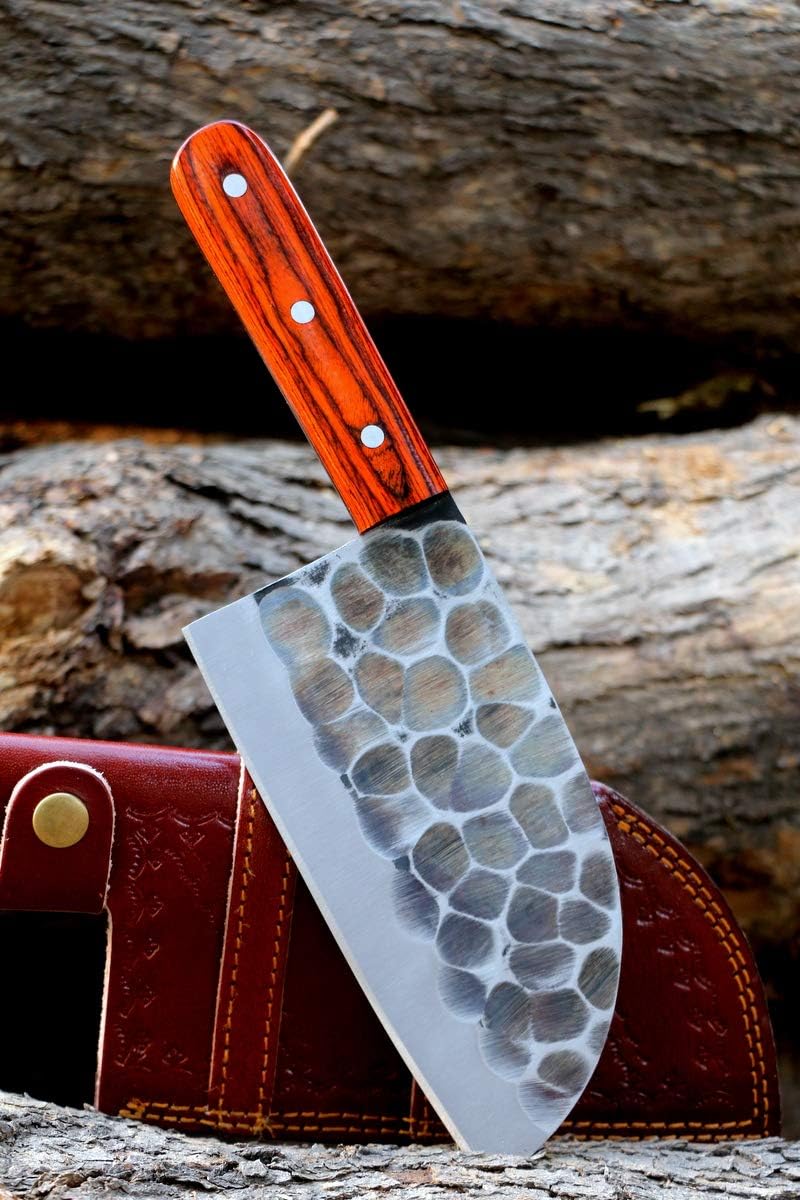 VK Damascus knifeHandmade forged Carbon Steel butcher Serbian Cleaver Chopper Kitchen Chef Pakka Wood Handle comes with Leather Sheath DW4095