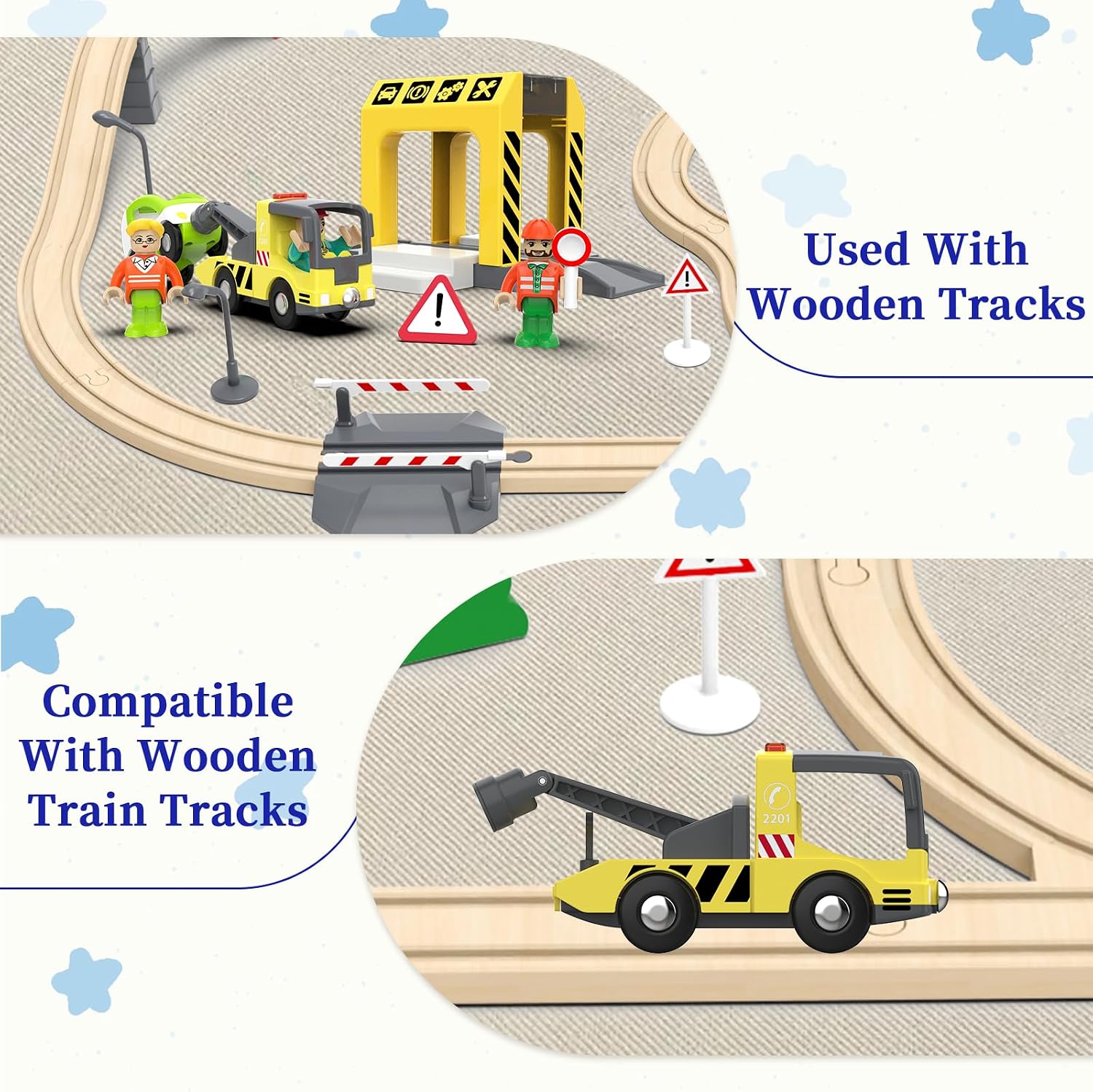 Wooden Train Set Rescue Tow Truck Expansion Pack – Tow Truck, Car, Service Station, and Figures – Compatible with Brio Thomas Tracks – Emergency Road Repair STEM Role Play Toy for Kids Ages 3+ image 5