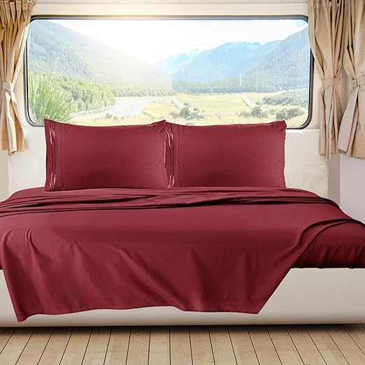 Nestl Burgundy Red Short Queen Sheets for RV, Hotel Luxury RV Queen Sheets Set, 6 Piece Fitted Bed Sheet Set and Pillowcases, Super Soft, Wrinkle-Free, and Breathable Camper Bedding