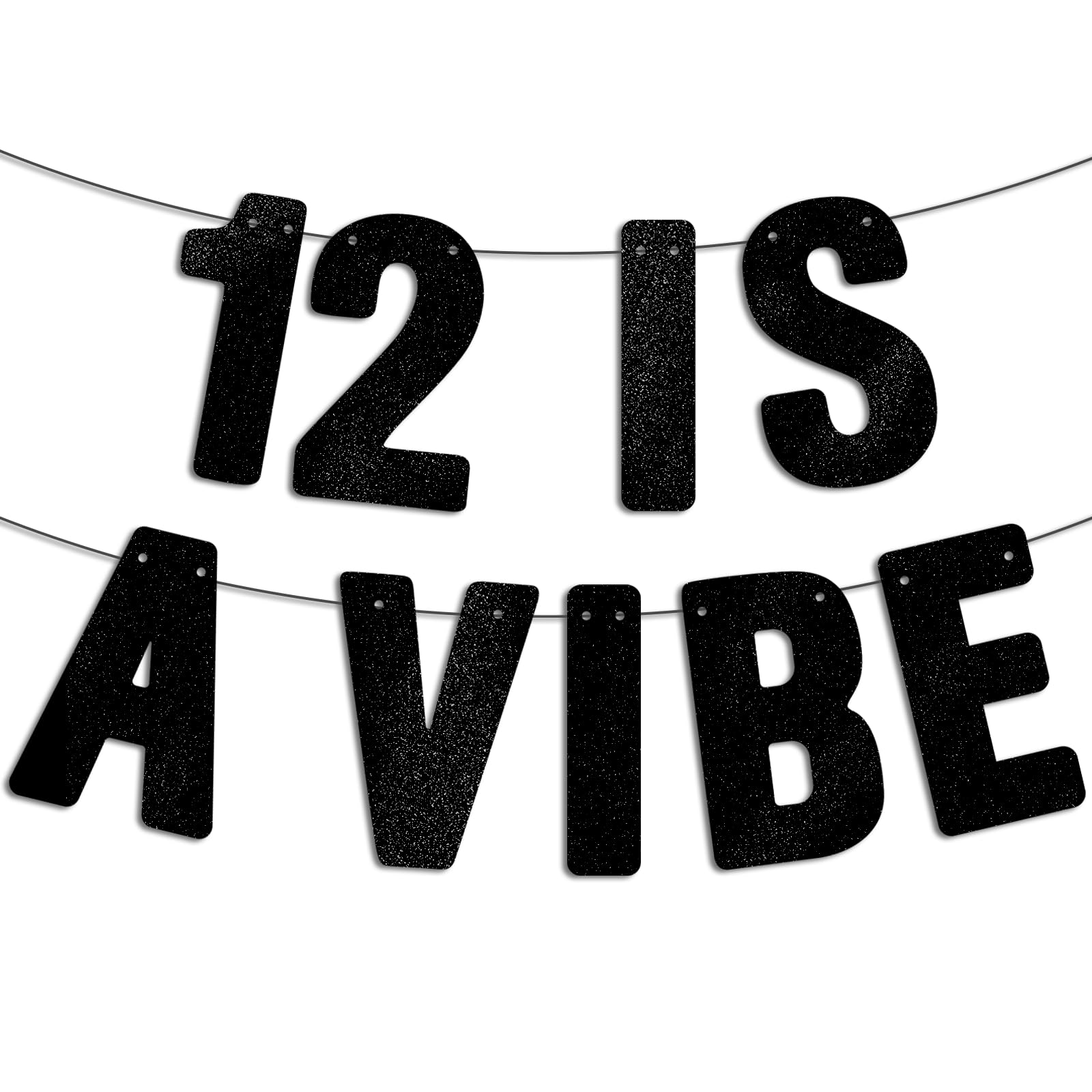 Pre Strung - 12 is a Vibe - Black Glitter Banner, 12th Birthday Decorations for Girls & Boys, 12 year old Decor Gifts Sign