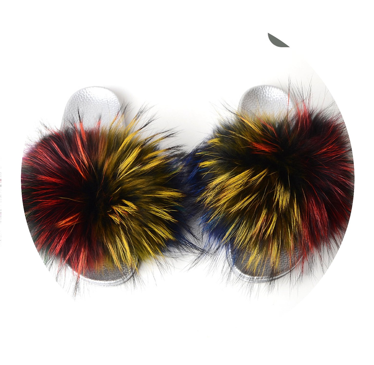 Fox Hair Slippers Mixed Color Genuine Fox Fur Slipper Plush Indoor/Outdoor Large Size