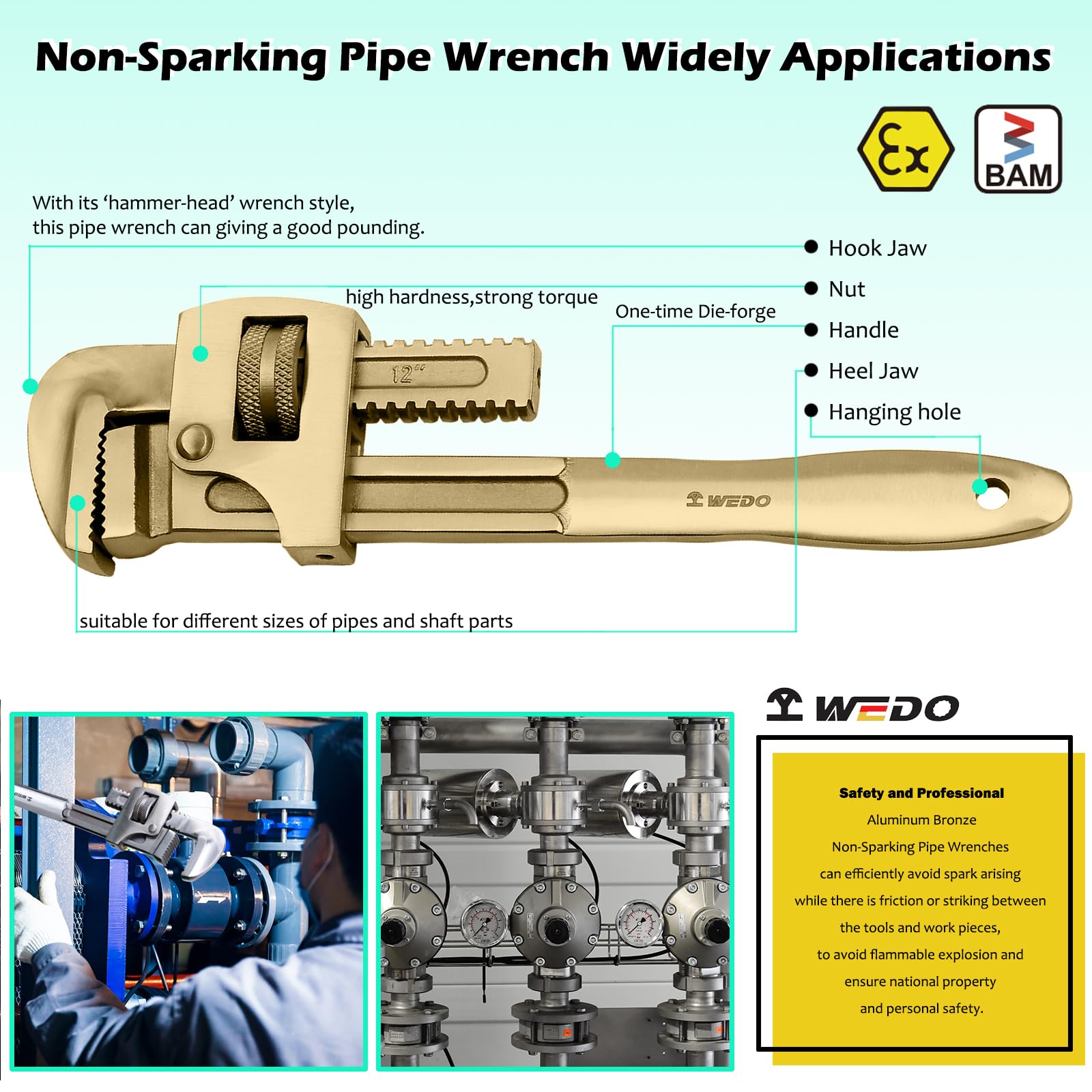 WEDO Zestaw kluczy do rur nieiskrzących, 30 cm + 45 cm, 2 szt. prosty zestaw kluczy hydraulicznych, regulowany klucz do rur, aluminiowy brąz, odporny na korozję, polerowana powierzchnia, standard BAM