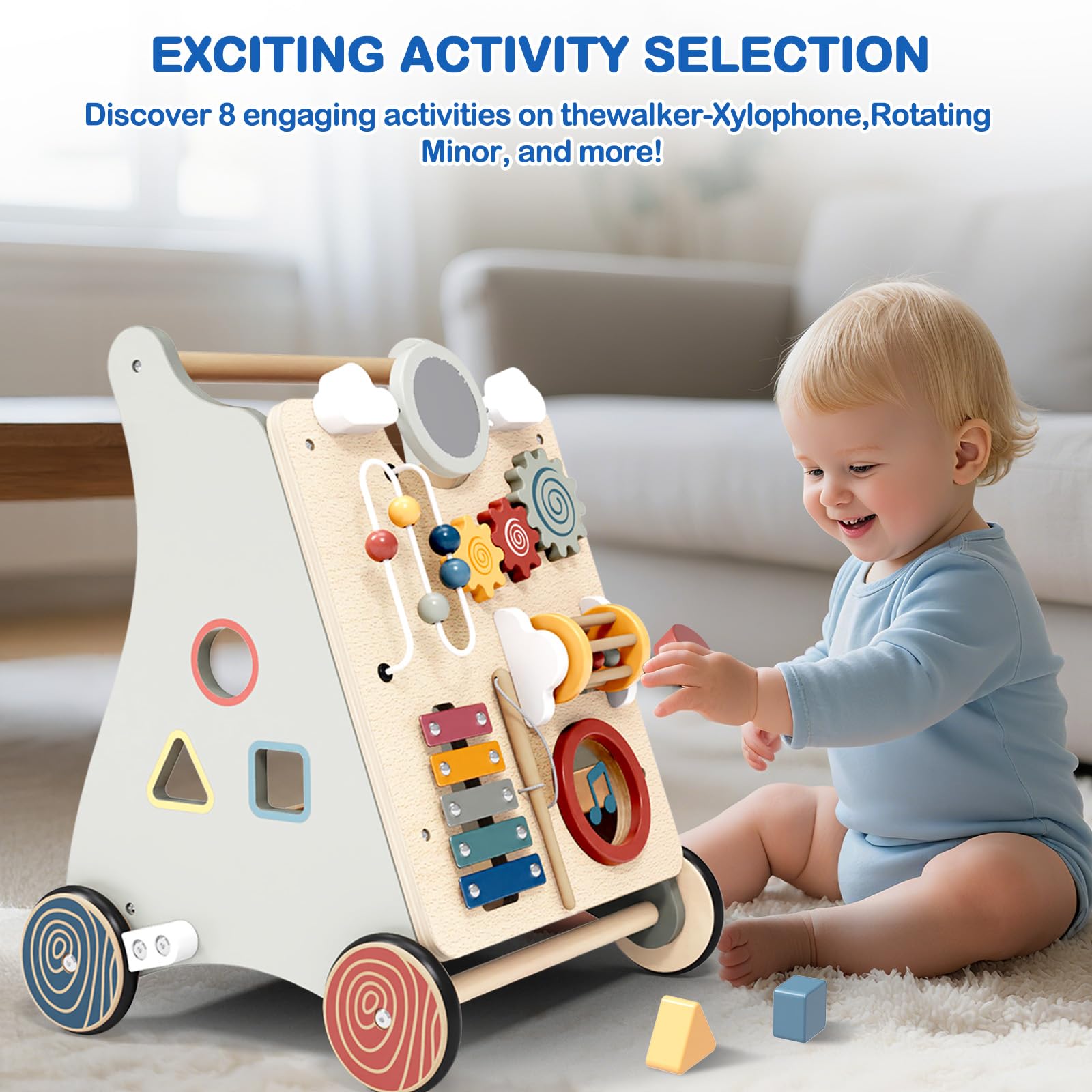 Drewniany chodzik dla dzieci 2 w 1 Montessori Chodzik dziecięcy z interaktywnymi zajęciami zabawki dla niemowląt 1+ rok Baby Walker na pierwsze kroki prezent dla dziecka chłopiec dziewczynka