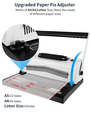 Spiral Coil Binding Machine with 46 Fully Disengaging Pins - 4:1 Pitch - Electric Coil Inserter - Adjustable Side Margin, with Free 1 Box Coil Spines & Plier, 20 Sheet Punch Capacity