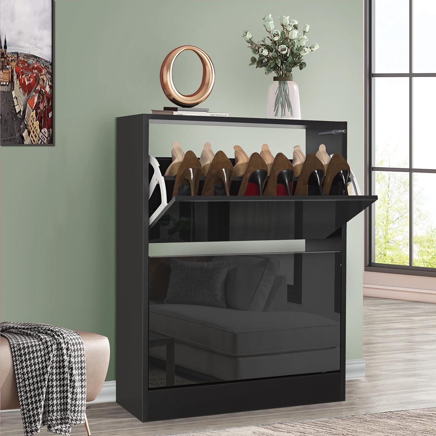 Blisswood High Gloss 2 Drawer Shoe Cabinet Black, Wooden Shoe Storage Organiser Cupboard Unit Hallway Furniture, 2 tier Modern Shoes Rack Cabinet Footwear Stand for Shoes (Black Gloss)