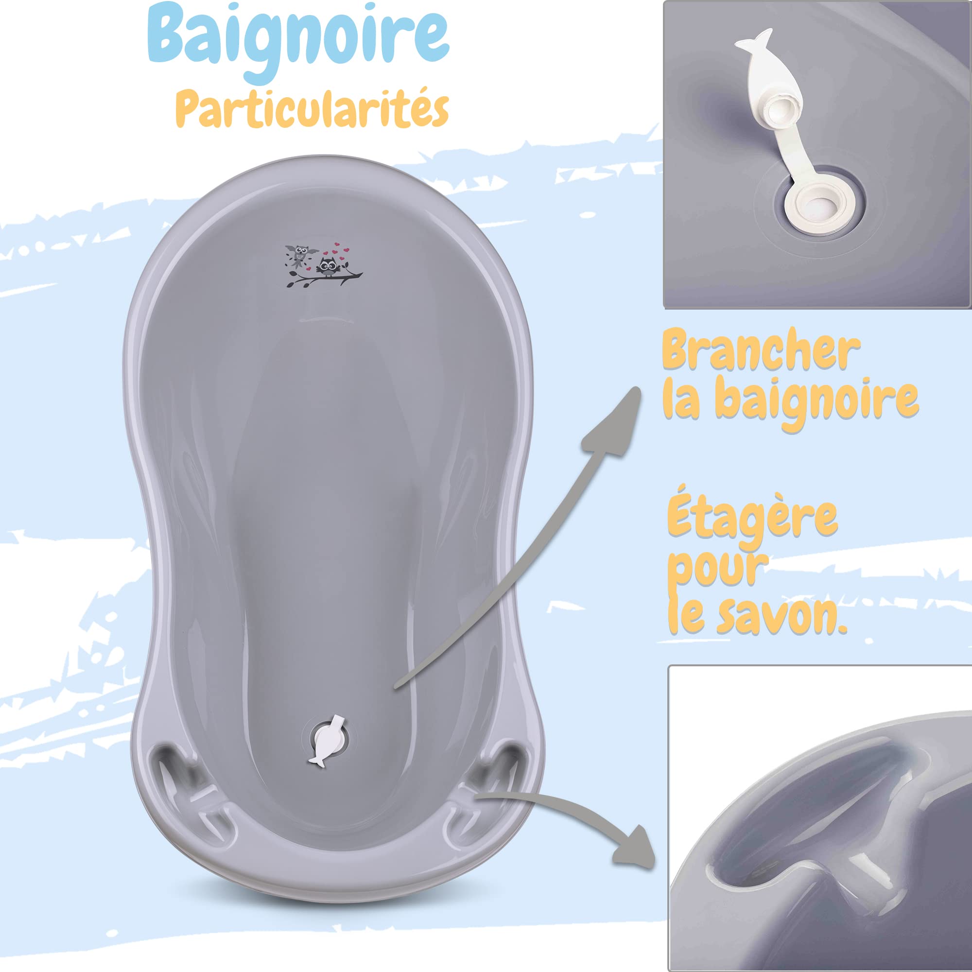 Lot de 4 baignoires pour bébé, siège de bain, bonde et structure certifiées TÜV Rheinland