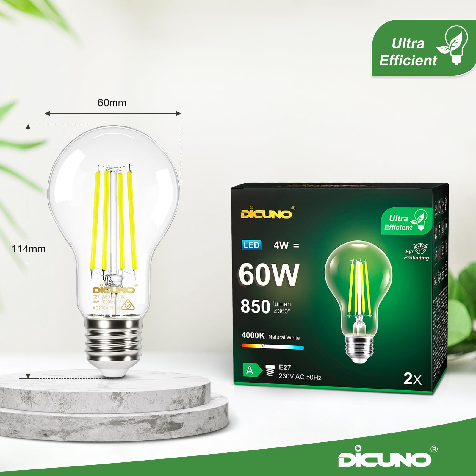 DiCUNO Lampadina LED E27 UltraEfficient Classe A, 4W:60W, 4000K, 2 Pezzi (Confezione da 4)
