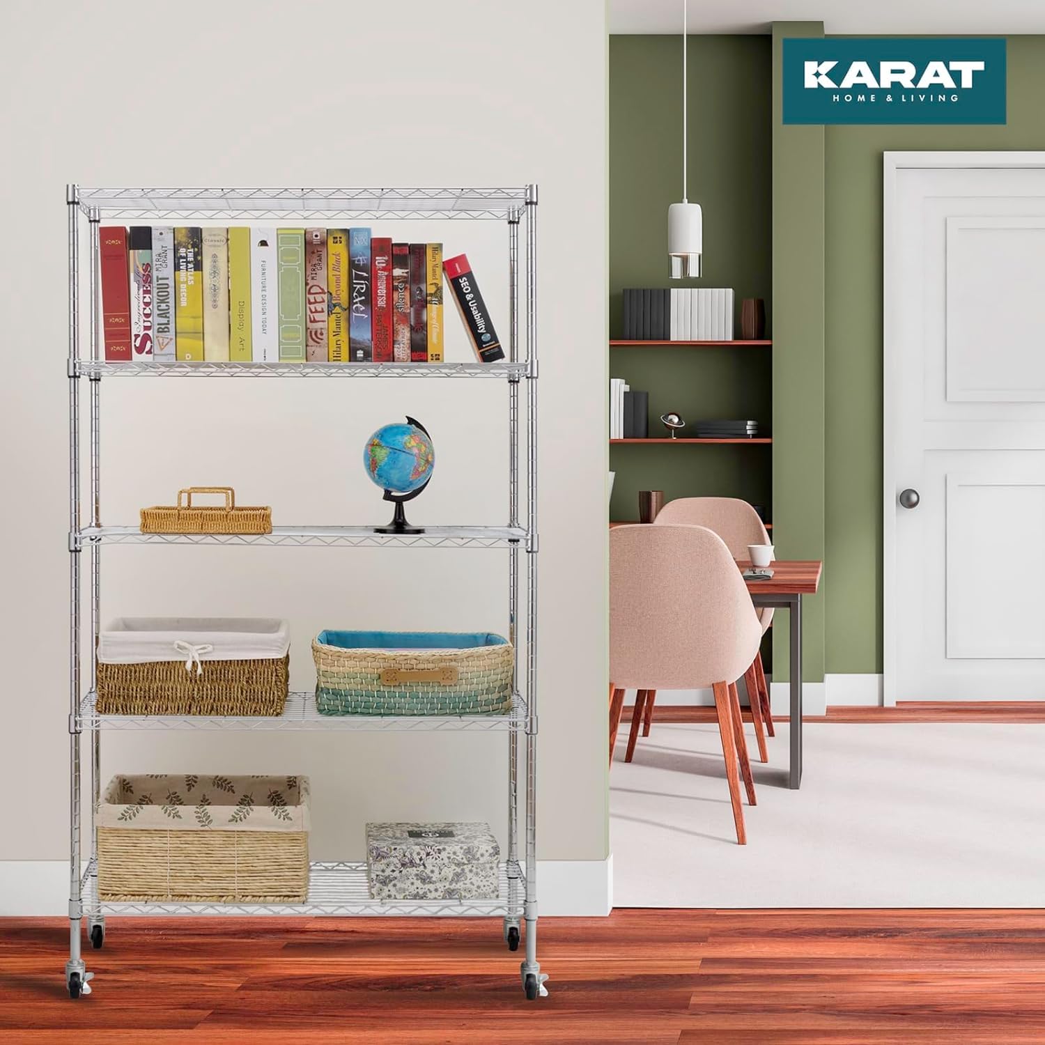KARAT Étagère étroite sur roulettes en métal - Maya - avec 5 étagères, Chariot pour Cuisine, Salle de Bains, débarras jusqu'à 120kg, avec Frein de Blocage - 89x34x150 cm (Chromé)