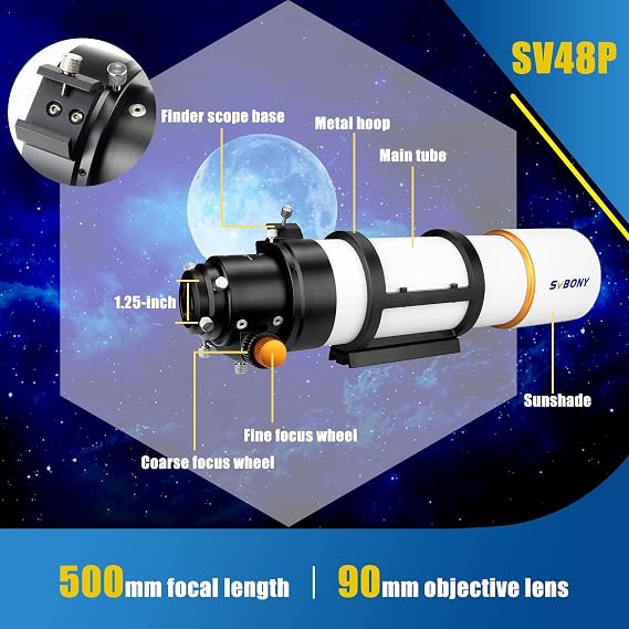 SVBONY SV48P Telescope 90mm, Bundle with SV191 Zoom Eyepiece, SV188P Dielectric Mirror Star Diagonal, 1.25 inches UHC Filter, Vision Deep Sky Kit