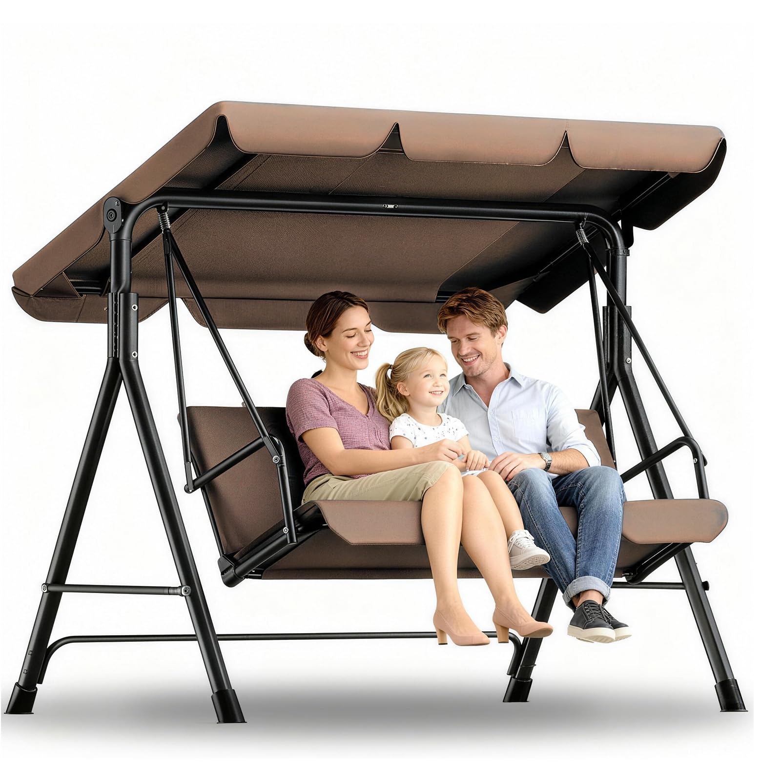 Hollywoodschaukel 3-Sitzer Outdoor mit Verstellbarem Sonnendach – Gartenschaukel mit Komfortabler Polsterung, Bis 200kg Belastbar & Teslin-Sitz – Maße 193x110x152cm (Dunkelbraun)