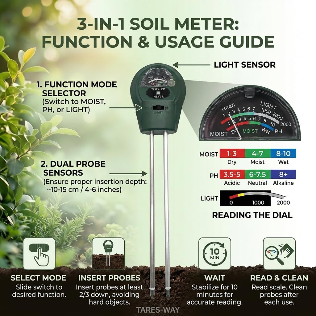 Medidor de pH del Suelo 3 en 1, Higrómetro de Suelo Medidor de Humedad del Suelo con pH Tester de Tierra sin Batería para Plantas Grandes de Interior y Exterior Flores Césped Jardinería