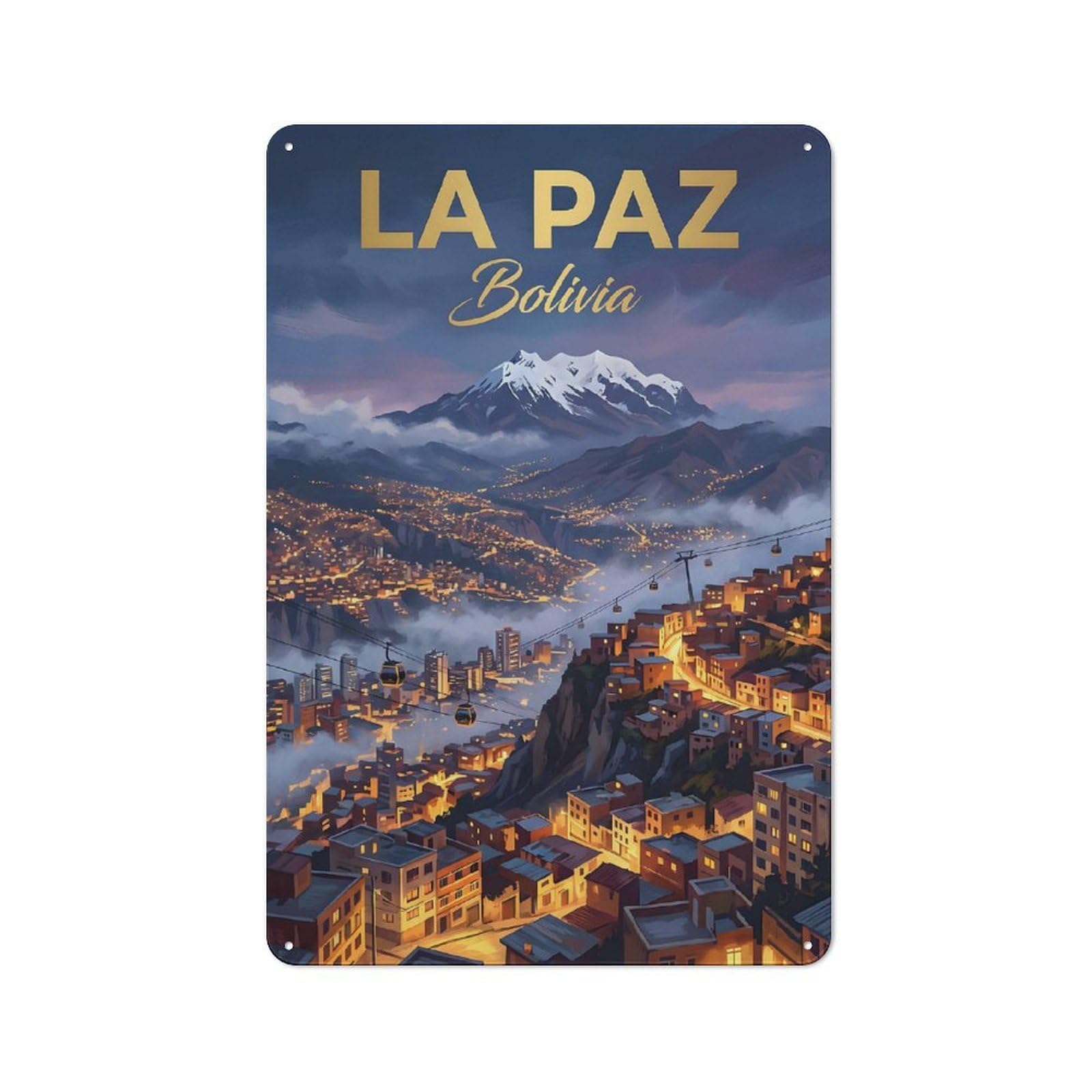 Junmoney Style-11 La Paz Bolivia Cityscape With Mountains Vintage Metal Sign 30X20cm For Kitchen Or Home Bar, For Kitchen, Dining Room And Home Bar Wall Decor
