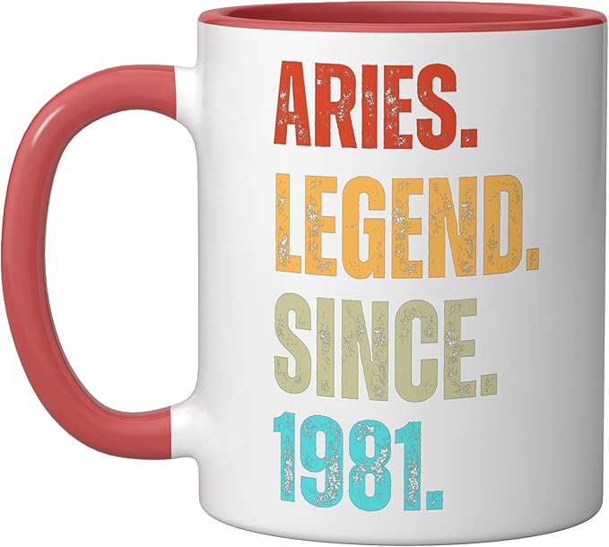 Aries Legend Since 1981 Retro Zodiac Sign Birthday Ceramic Mug, Red/White