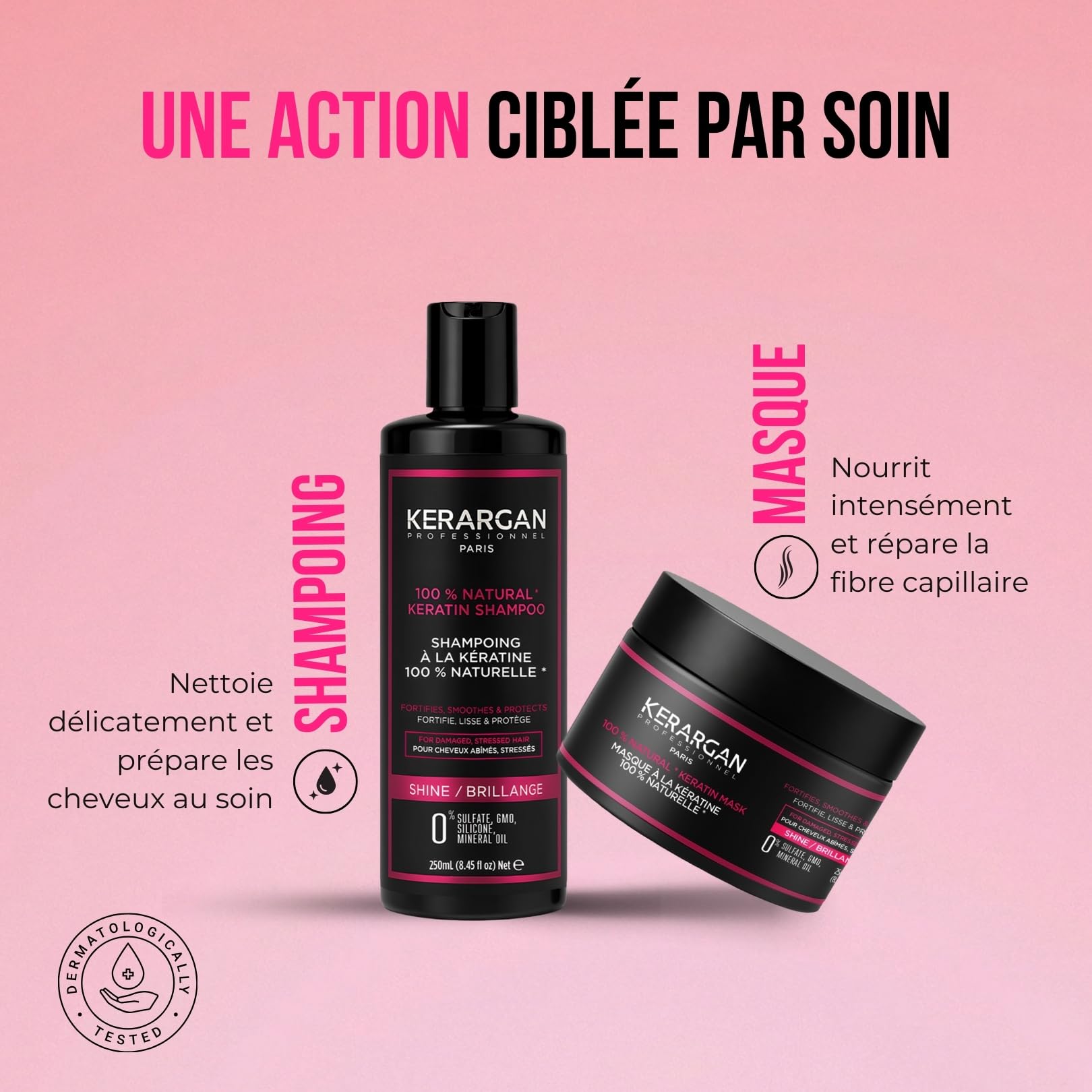 Kerargan - Duo Ultra Réparateur Shampoing & Masque à la Kératine pour Cheveux Abîmés et Stressés - Nourrit, Lisse, Protège - Sans Sulfate, Silicone, OGM, Huile Minérale - 2x250 ml