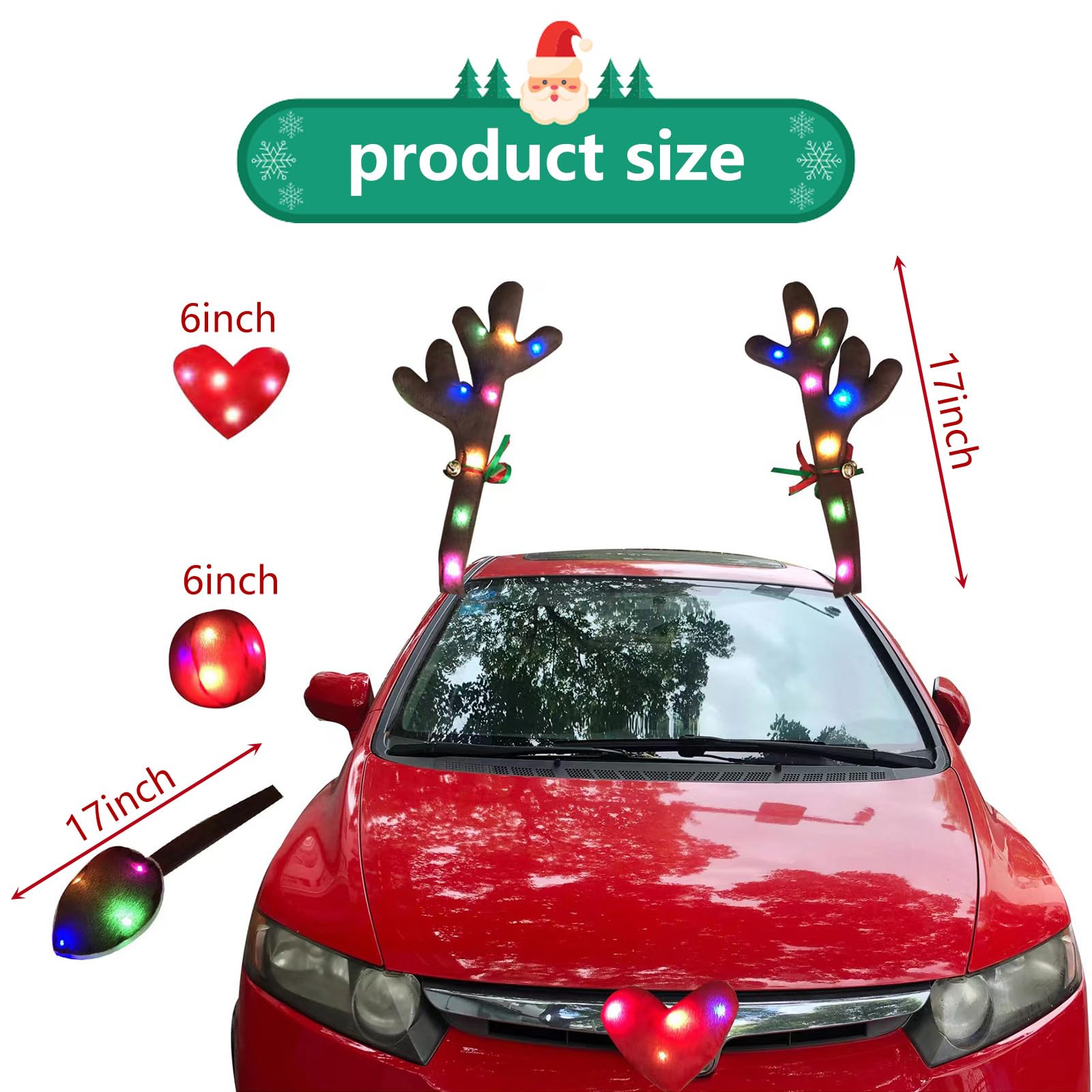 Ajxn 4 PCS Car Christmas Colored LED Light-up Antlers, Reindeer Antlers Tail Nose Soft Cute Decoration Kit with Jingle, Christmas Roof Grille Decoration, Universal Trim for Most Cars (Brown & Red)
