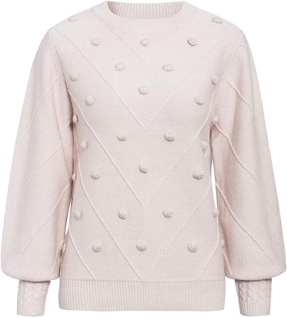 Miessial Women's Fall Crew Neck Pullover Sweater Cute Long Puff Sleeve Chunky Knit Sweater Pompom Jumper Top - Image 4
