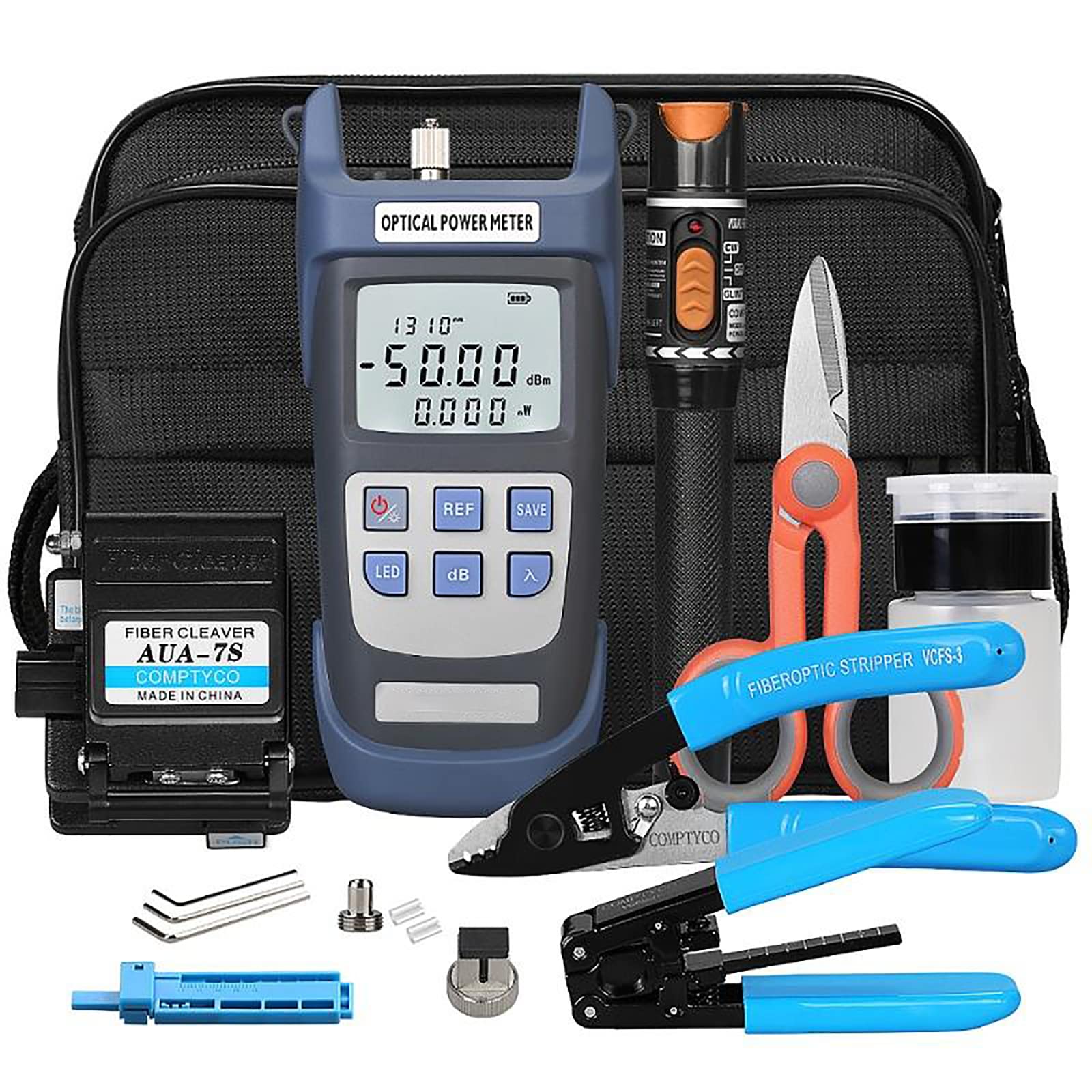 Fiber Optic Termination Tool Kit - 9 in 1 Assembly FTTH tool kit with FC-7 S Cleaver Optical Power Meter Finder - 30km Visual Fault Locator Optical Pliers Cable Cutter Stripper