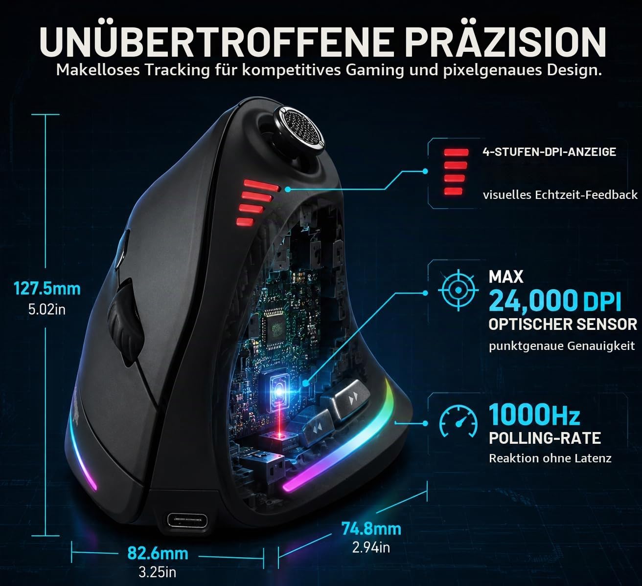 TKMARS Kabellose Ergonomische Maus mit Joystick, vertikale Bluetooth-Gaming-Maus, 12 programmierbare Tasten, 24000 einstellbare DPI, Gaming-Maus für PC, MacBook und Laptops