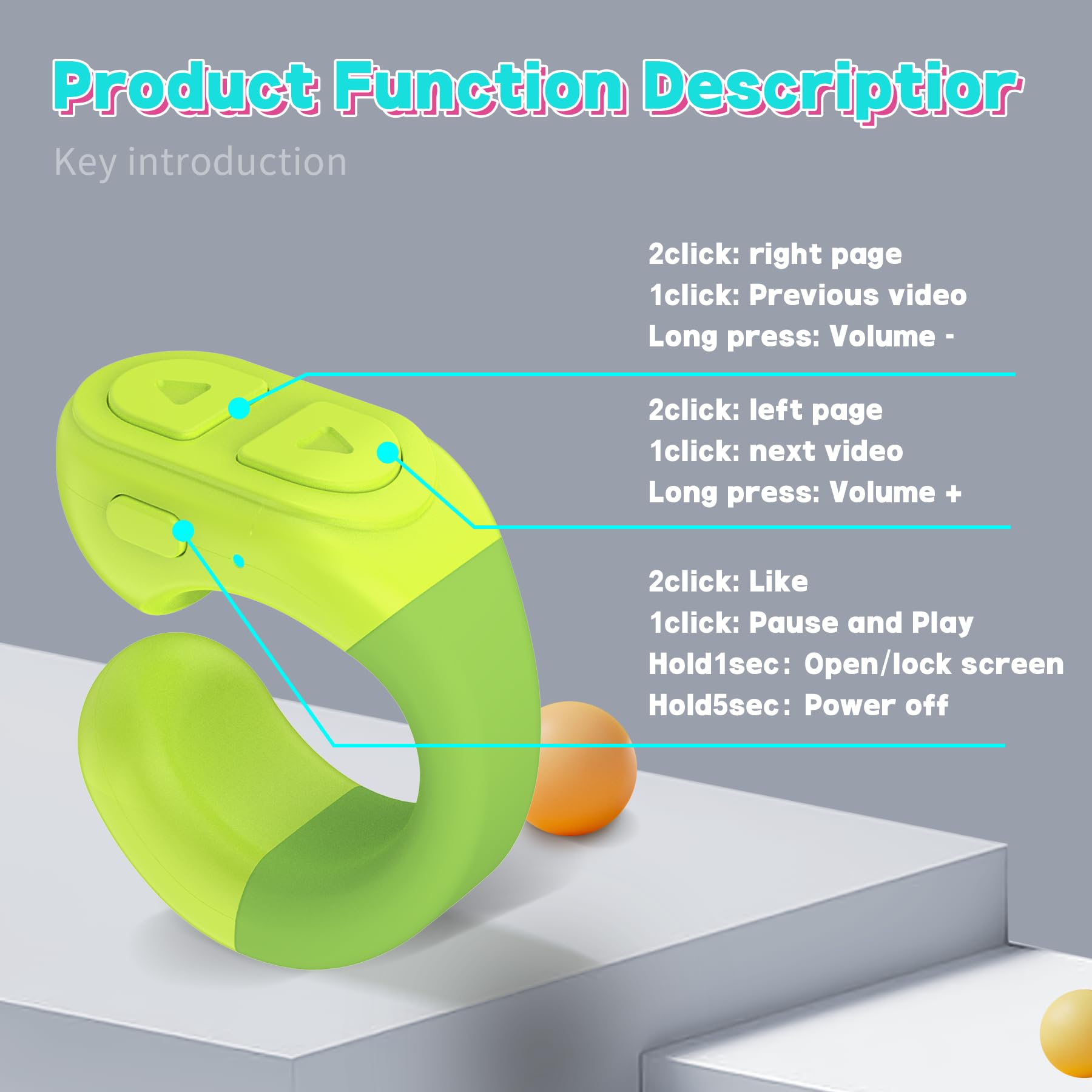 Tiktok - Anello di scorrimento con Bluetooth, per app Kindle, con supporto per cellulare, pulsante di scatto wireless per fotocamera, compatibile con iPhone, iPad, Android (verde lago)