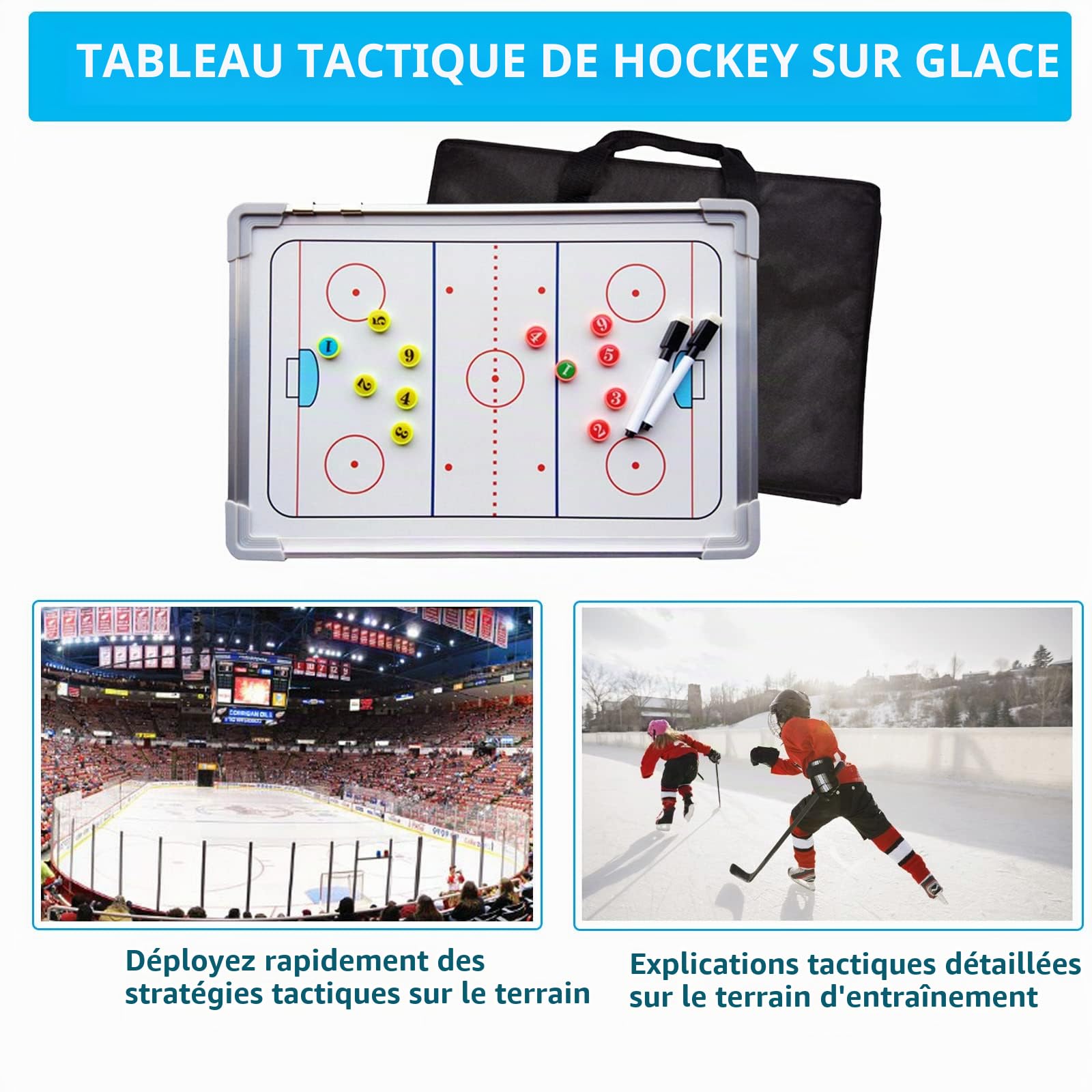 Joyeee Grand tableau tactique pour hockey sur glace, double face, étanche, avec joueur d'athlète magnétique et palets, marqueur magnétique effaçable à sec avec gomme, sac de rangement