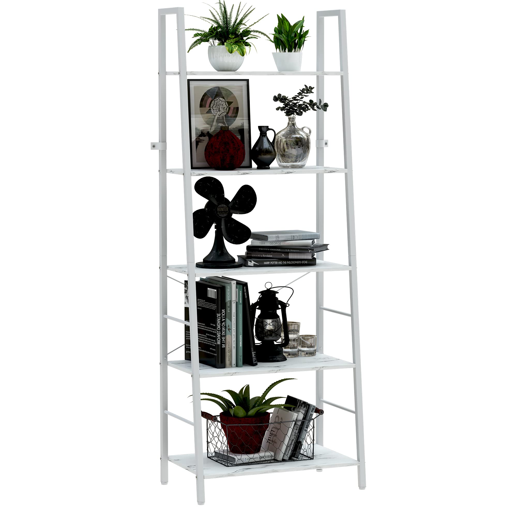 Yusong Ladder Shelf,Industrial 5-Tier Bookshelf,Free Standing Bookcase,Utility Organizer Shelves for Plant Flower ,Wood Look Accent Furniture with Metal Frame for Home Office, White