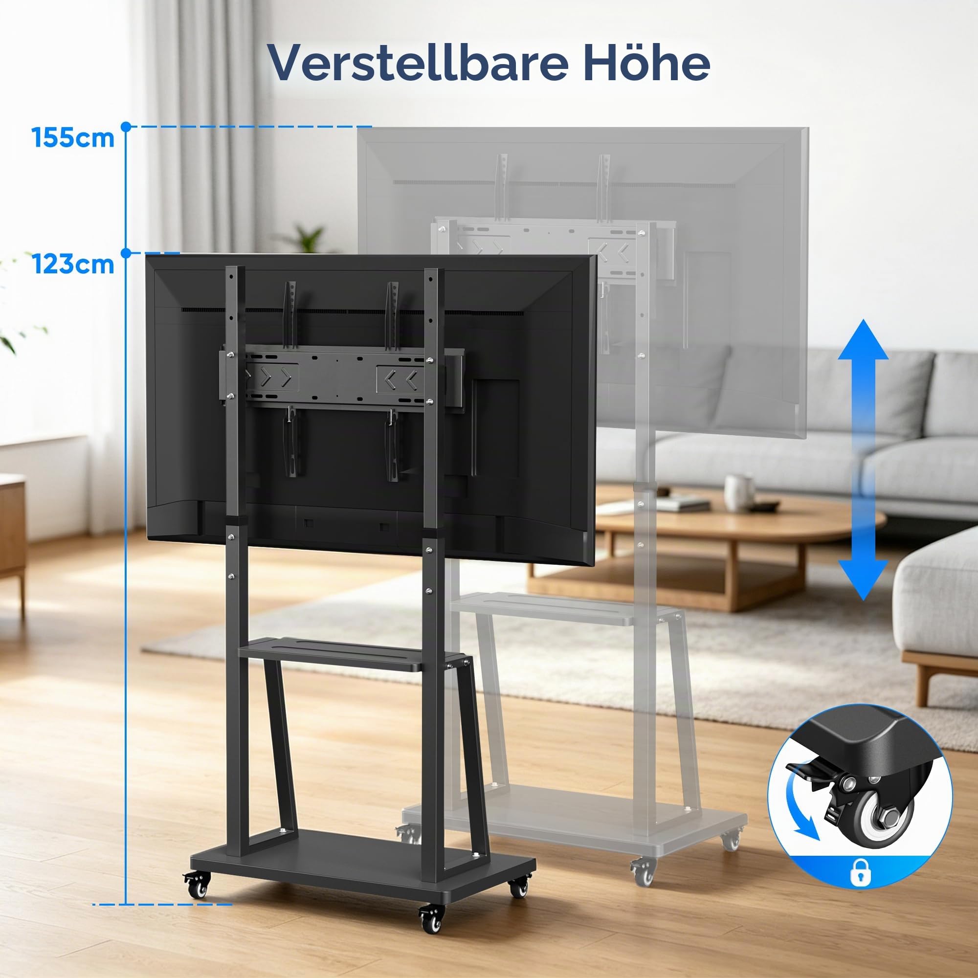 TV Ständer mit Rollen, Mobiler Fernsehtisch für 40-70 Zoll, Höhenverstellbar 123-155 cm, aus Metall für Wohnzimmer Büro, bis max. VESA 600x400, 155x70x43cm
