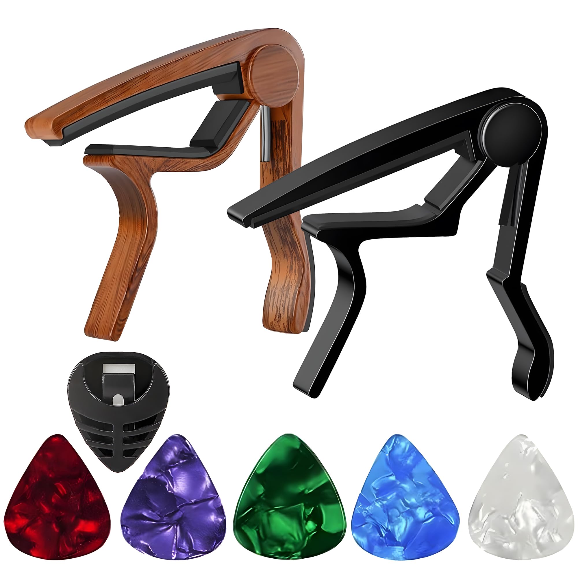 Guitar Capos, 2PCS Capos,10PCS Guitar Picks and 1PC Portable Pick Case, Essential Accessories for Acoustic,Electric & Classical Guitars