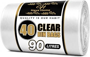 Haya Home 90L 40 Large Clear recycling bags Transparent Recycling Bin Bags, Rubbish Bags and Refuse Sacks 120 Gauge Bin Liners Heavy Duty Bin Bags Large Waste Bags Made From 100% Recycled Material