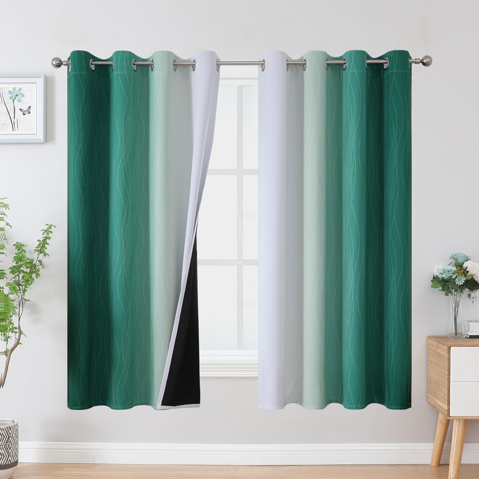 Estelar Textiler Green and Greyish White Blackout Curtains for Kids Room, Full Room Darkening Grommet Ombre Curtains for Bedroom, Thermal Insulated