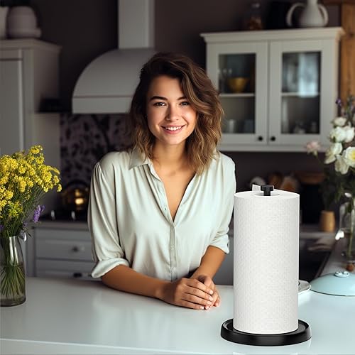 Miniatura 7 de Soporte para toallas de papel en encimera, desgarre con una mano, acero inoxidable, base con peso, negro, soporte para rollo de toallas de papel con