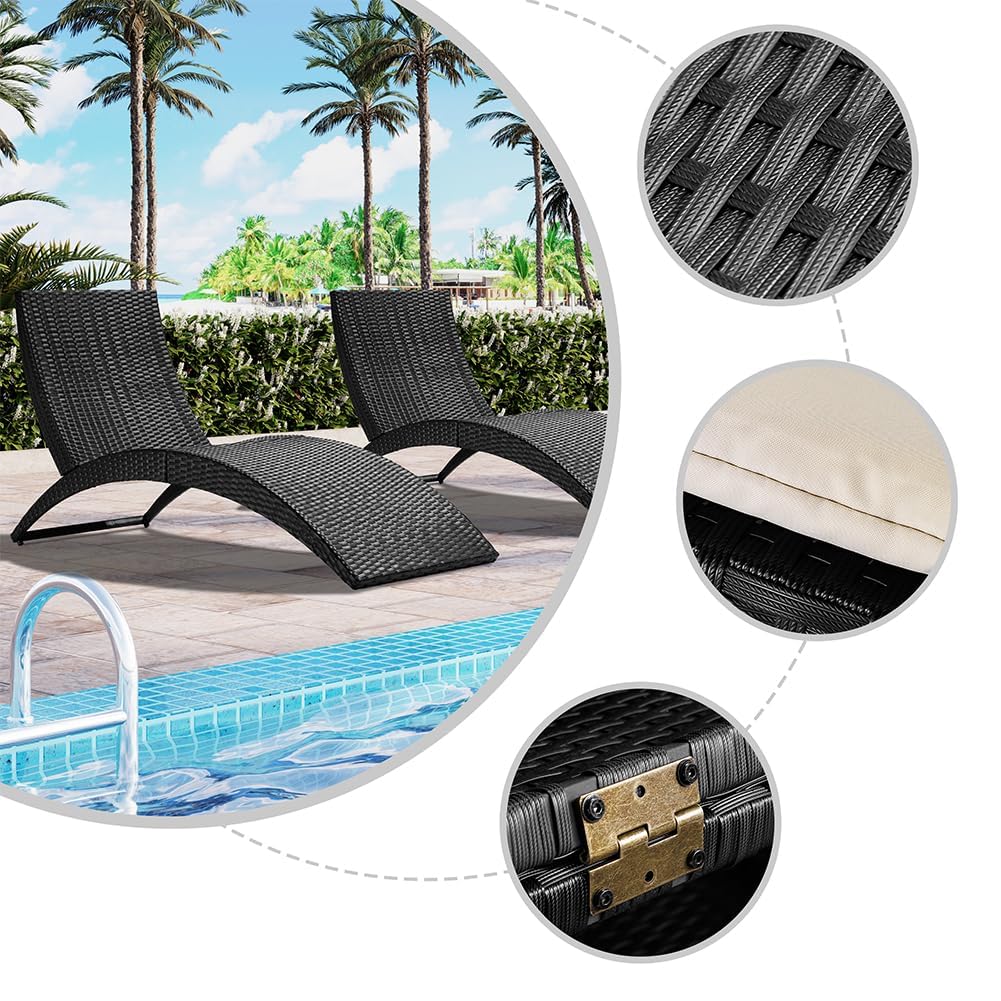BAKAJI Lettino Sdraio Pieghevole in Rattan con Cuscino Rimovibile con Imbottitura ad Alta Densità, Letto Prendisole Salvaspazio Nero per Esterni, Giardino, Patio, Balcone, Ergonomico e Resistente