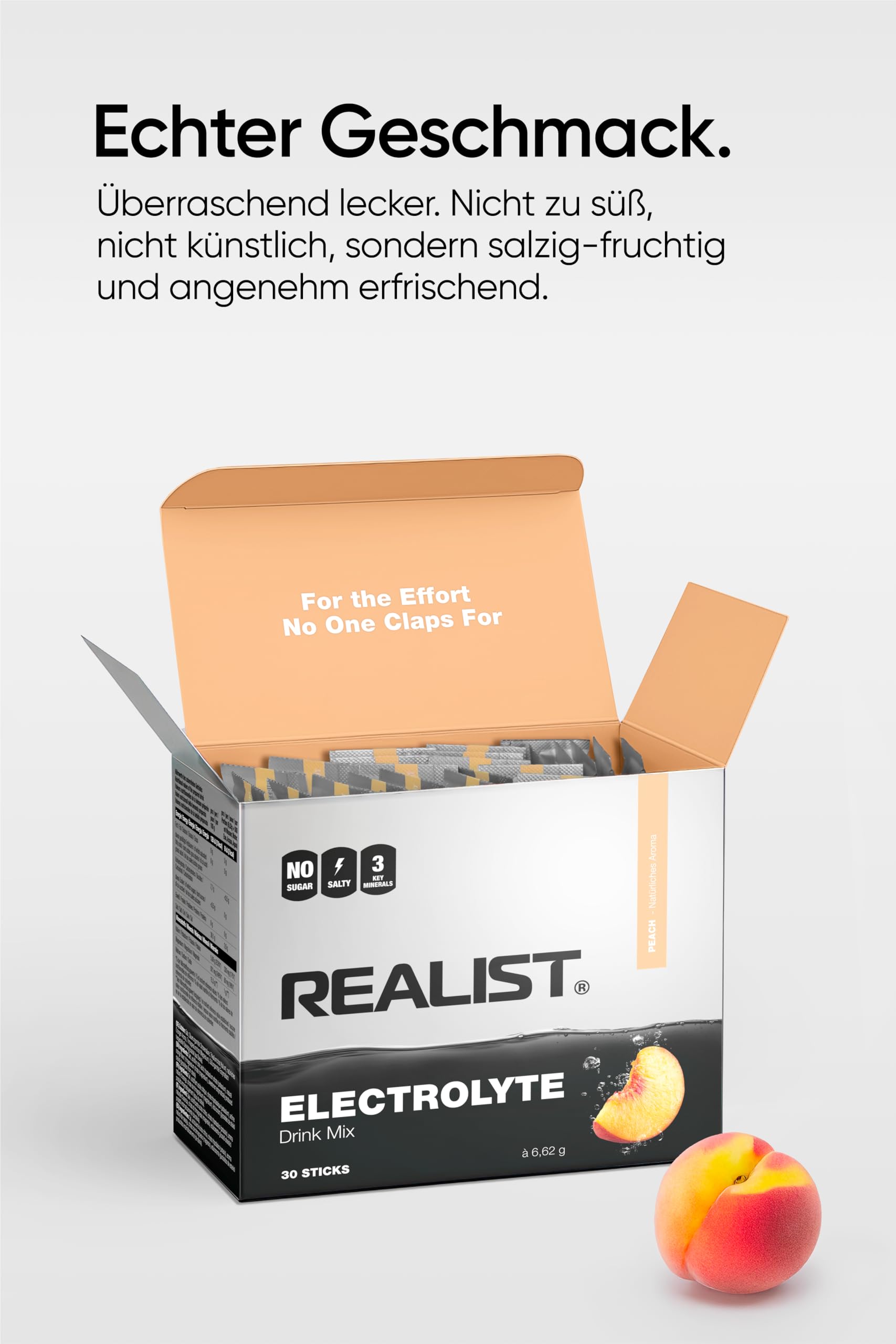REALIST Electrolitos sin azúcar [30 STICKS] – Electrolitos sin azúcar – Electrolitos en polvo Sport & KETO con 1000 mg de sodio, 330 mg de potasio y 60 mg de magnesio – Fabricado en Austria (melocotón