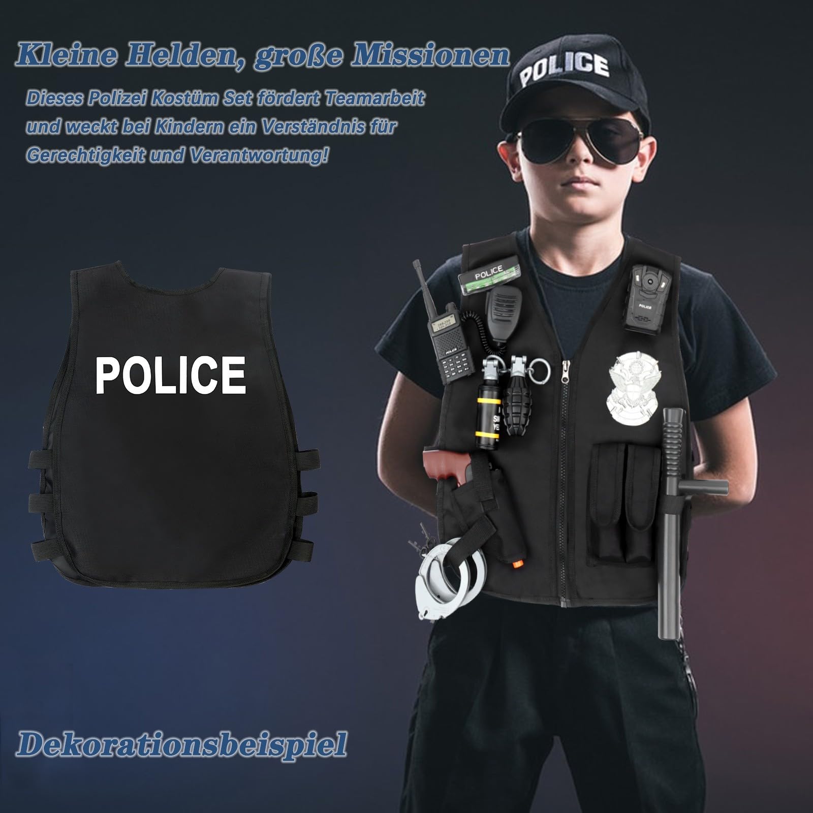 XSYKJGS Déguisement Policier Enfant 15 Pièces - Costume Police Complet avec Accessoires (Casque, Menottes, Gilet) pour Fille et Garçon - Idée pour Halloween et Carnaval