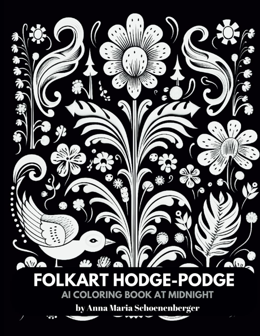 FOLKART HODGE-PODGE AI Coloring Book at Midnight: Folkart patterns and mosaics on a black background