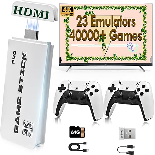 2025 Game Stick 4K 40,000 Games, Retro Gaming Console with Built-in 23 Emulators, HDMI Output, 64G TF Card, 2 Wireless controllers, Plug and Play