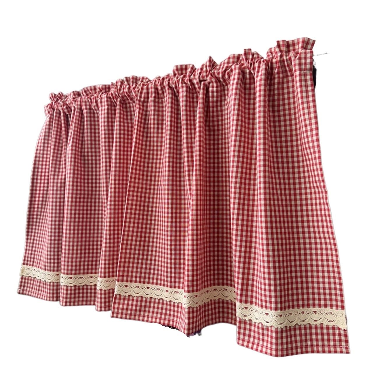 BDFJEDS Cabinet Curtain Plaid Lace Trim Kitchen Short Curtains Rod Pocket Window Valance Cafe Curtain For Cabinet Sink(Red,ROD POCKET_1PC W85XH90CM)