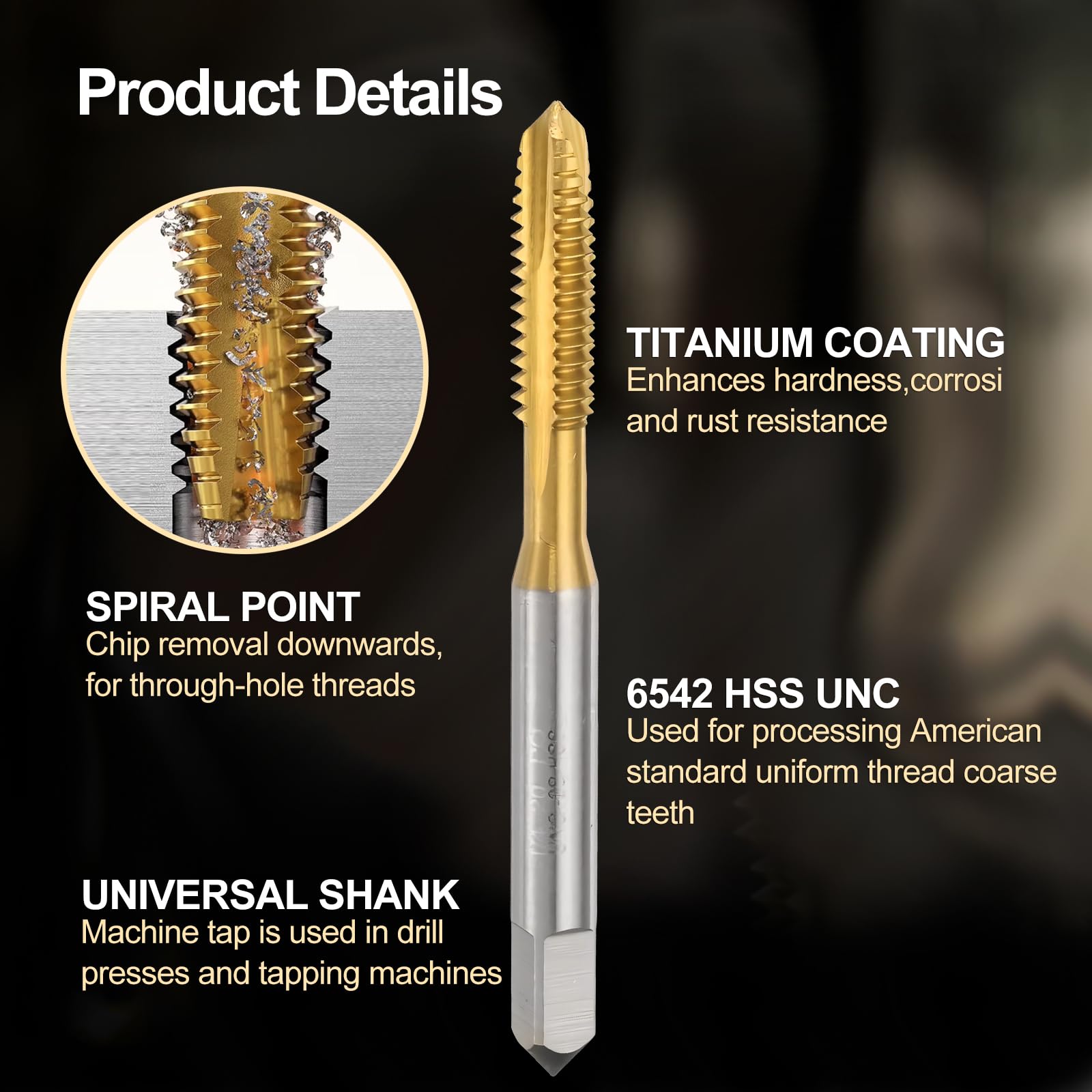 6Pcs 8-32 UNC B2 Spiral Point Thread Tap, Titanium Coated HS -4