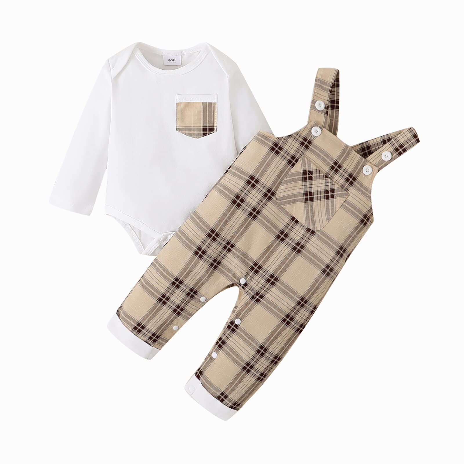 Baby Boy Clothes Suit Newborn Infant Long Sleeve Romper and Plaid Suspenders Overall Pants Spring Fall Outfits