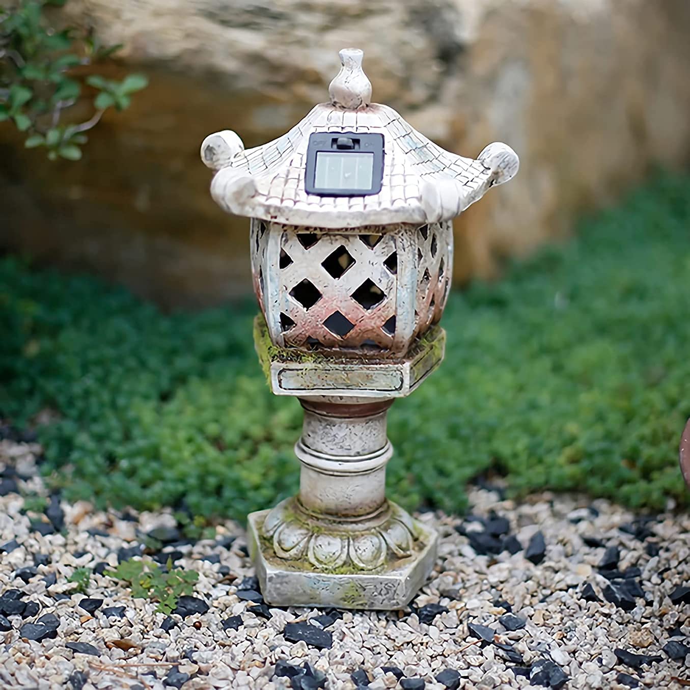 Solarny ogród japoński styl pagoda latarnia statuetka, zasilany energią słoneczną żywica rzeźba zewnętrzna lampa ogrodowa, na patio, trawnik, 30 cm wys